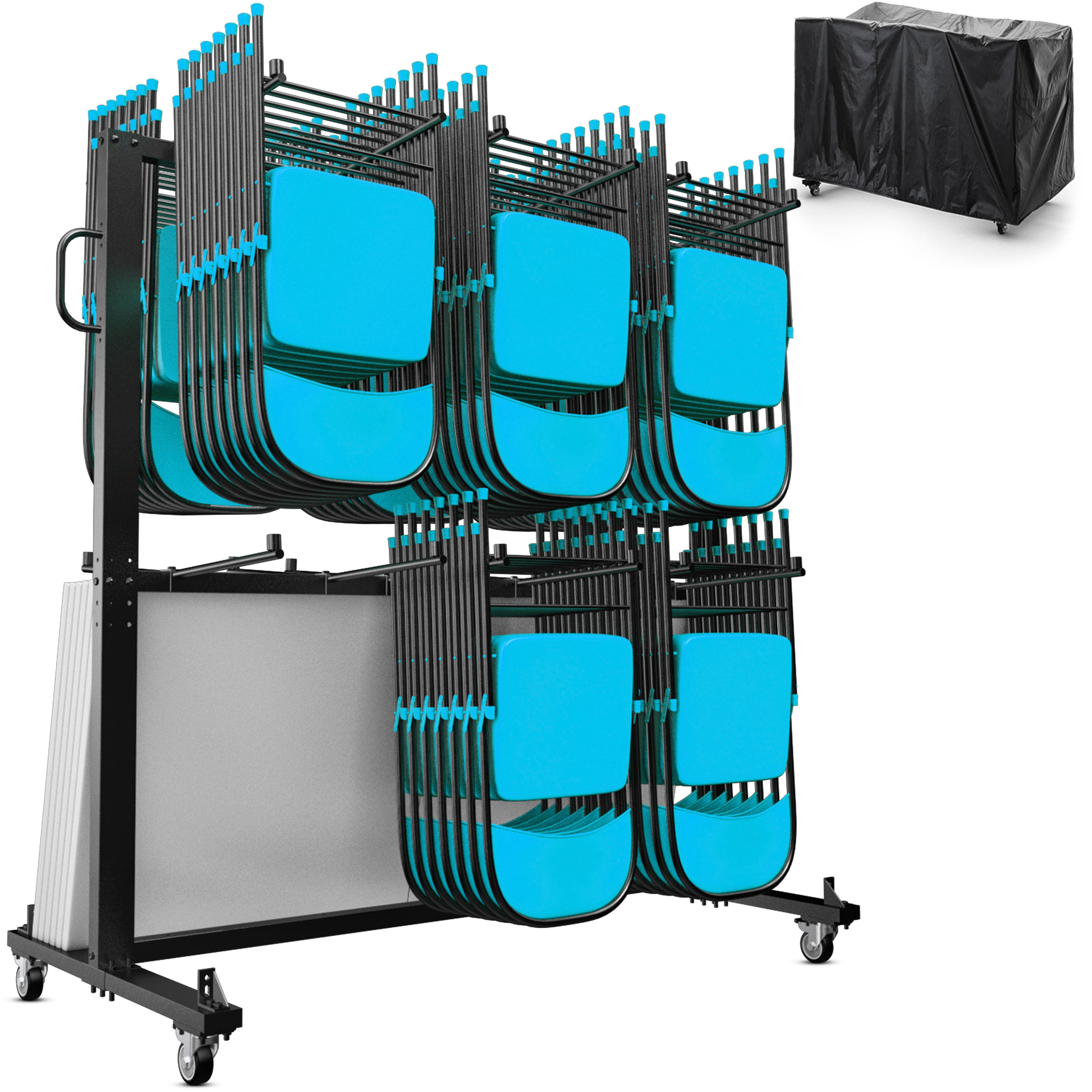 Hawkins Heavy Duty Folding Table and Chairs Mobile Cart-Locking Wheels, Outdoor Cover, Holds up to 84 Folding Chairs or 42 Chairs and 12 Tables, Black