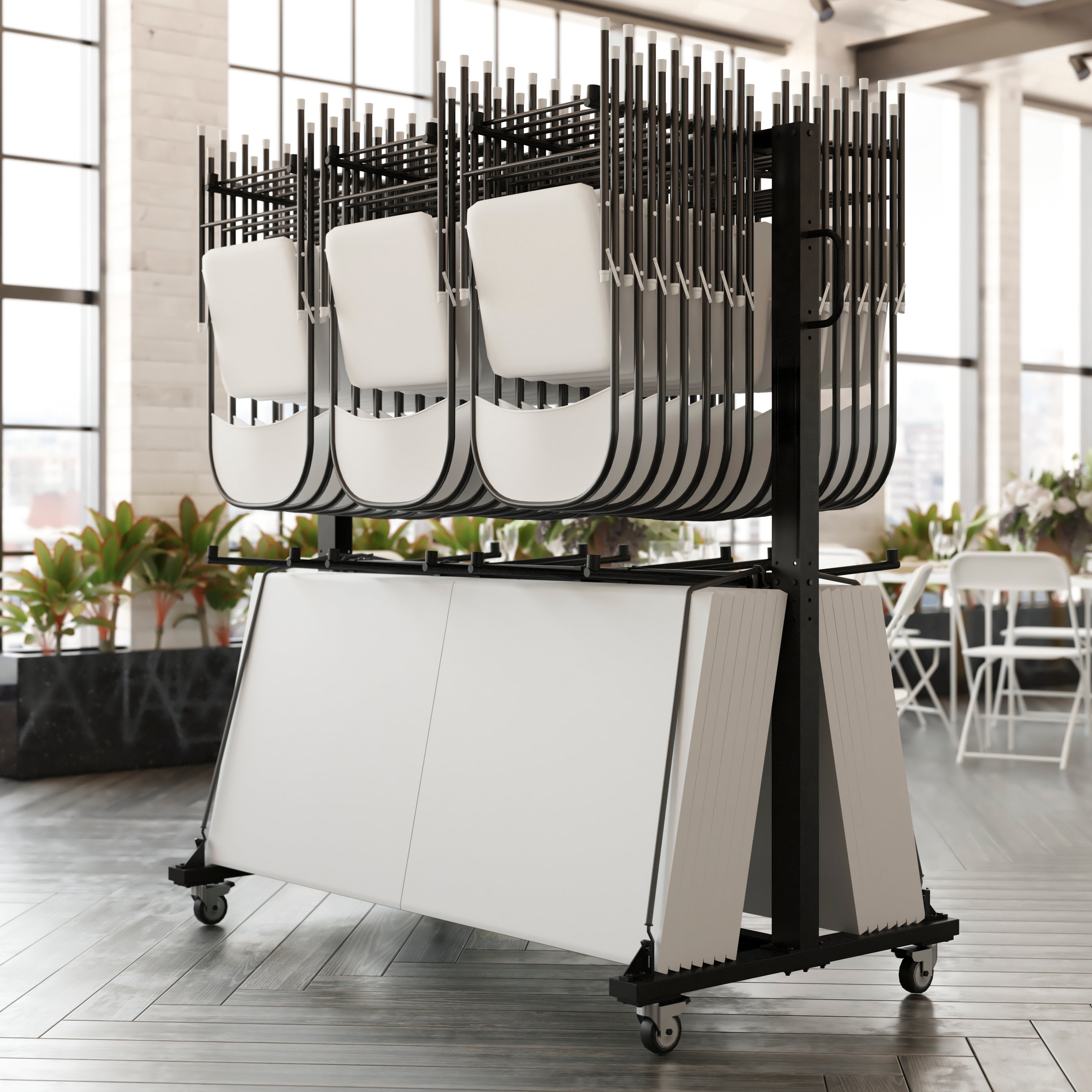 Hawkins Heavy Duty Folding Table and Chairs Mobile Cart-Locking Wheels, Outdoor Cover, Holds up to 84 Folding Chairs or 42 Chairs and 12 Tables, Black