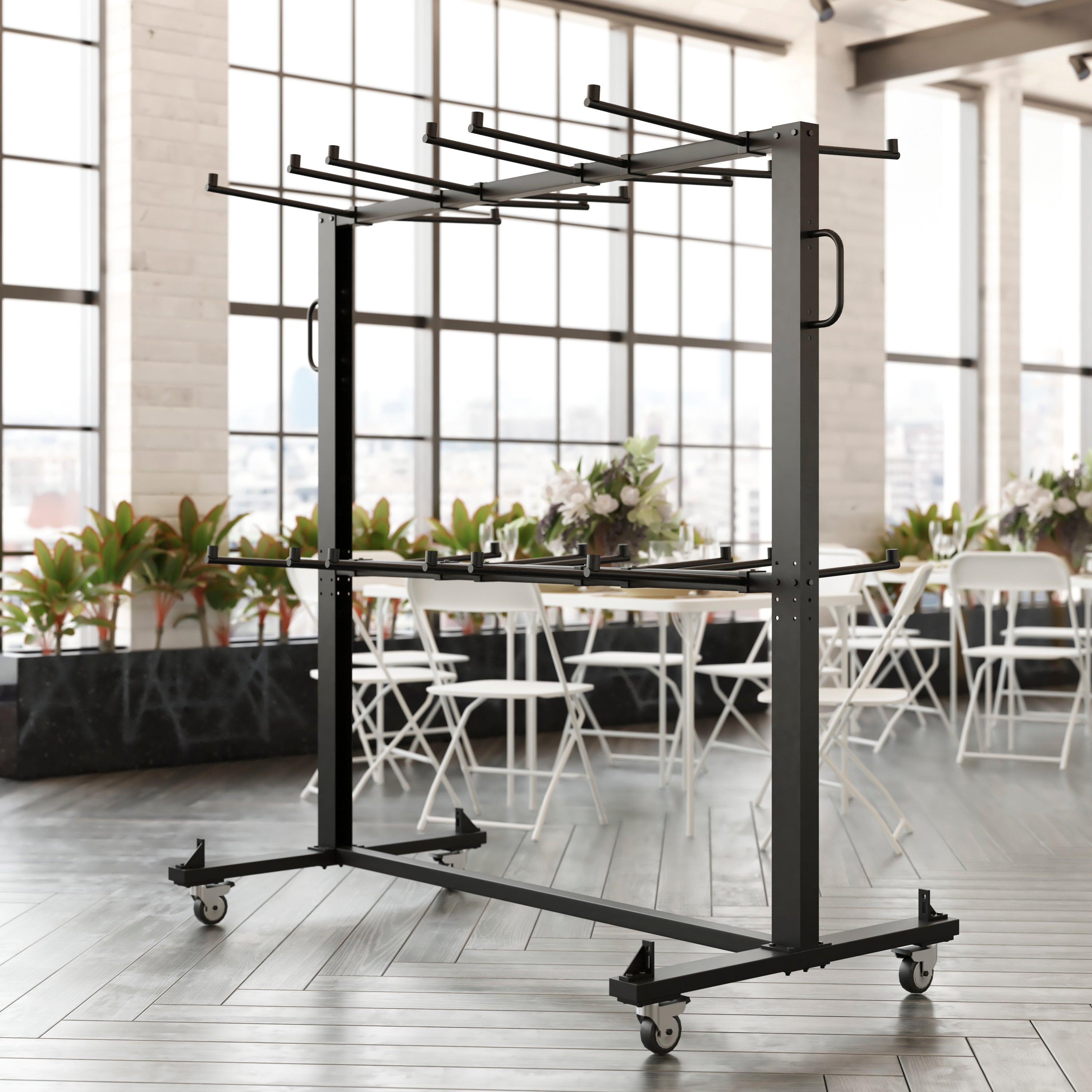 Hawkins Heavy Duty Folding Table and Chairs Mobile Cart-Locking Wheels, Outdoor Cover, Holds up to 84 Folding Chairs or 42 Chairs and 12 Tables, Black