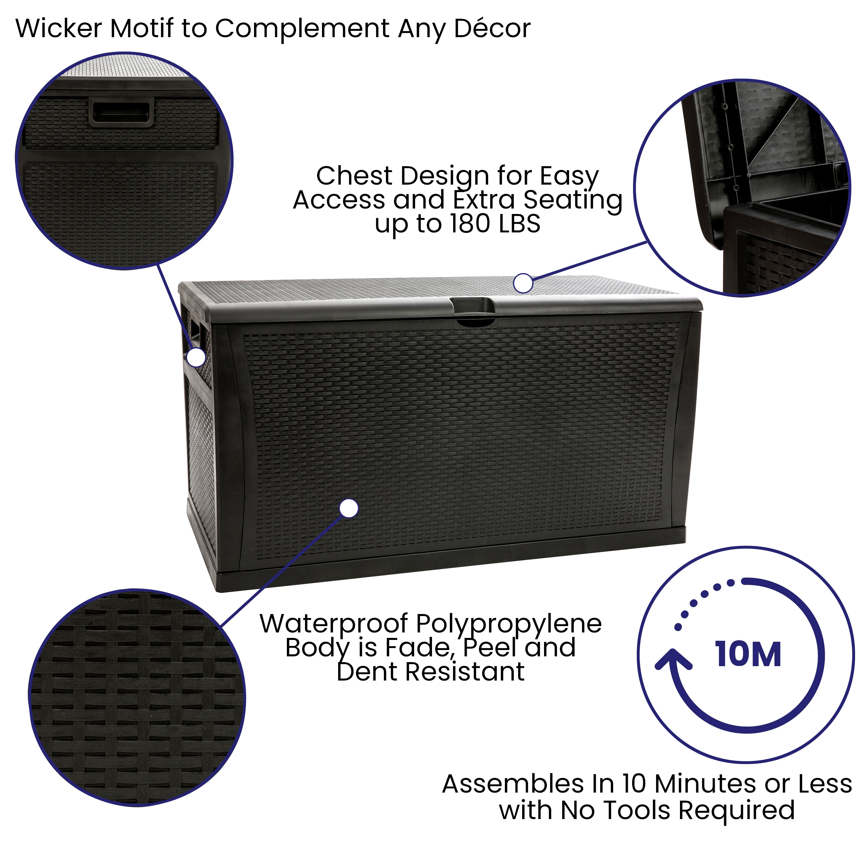 Nobu 120 Gallon Plastic Deck Box - Outdoor Waterproof Storage Box for Patio Cushions, Garden Tools and Pool Toys, Black
