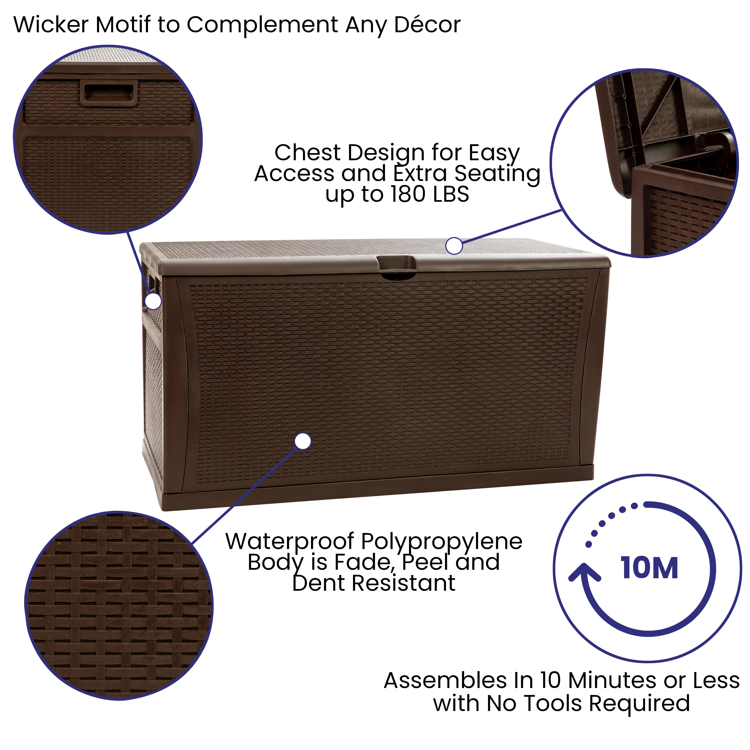 Nobu 120 Gallon Plastic Deck Box - Outdoor Waterproof Storage Box for Patio Cushions, Garden Tools and Pool Toys, Brown