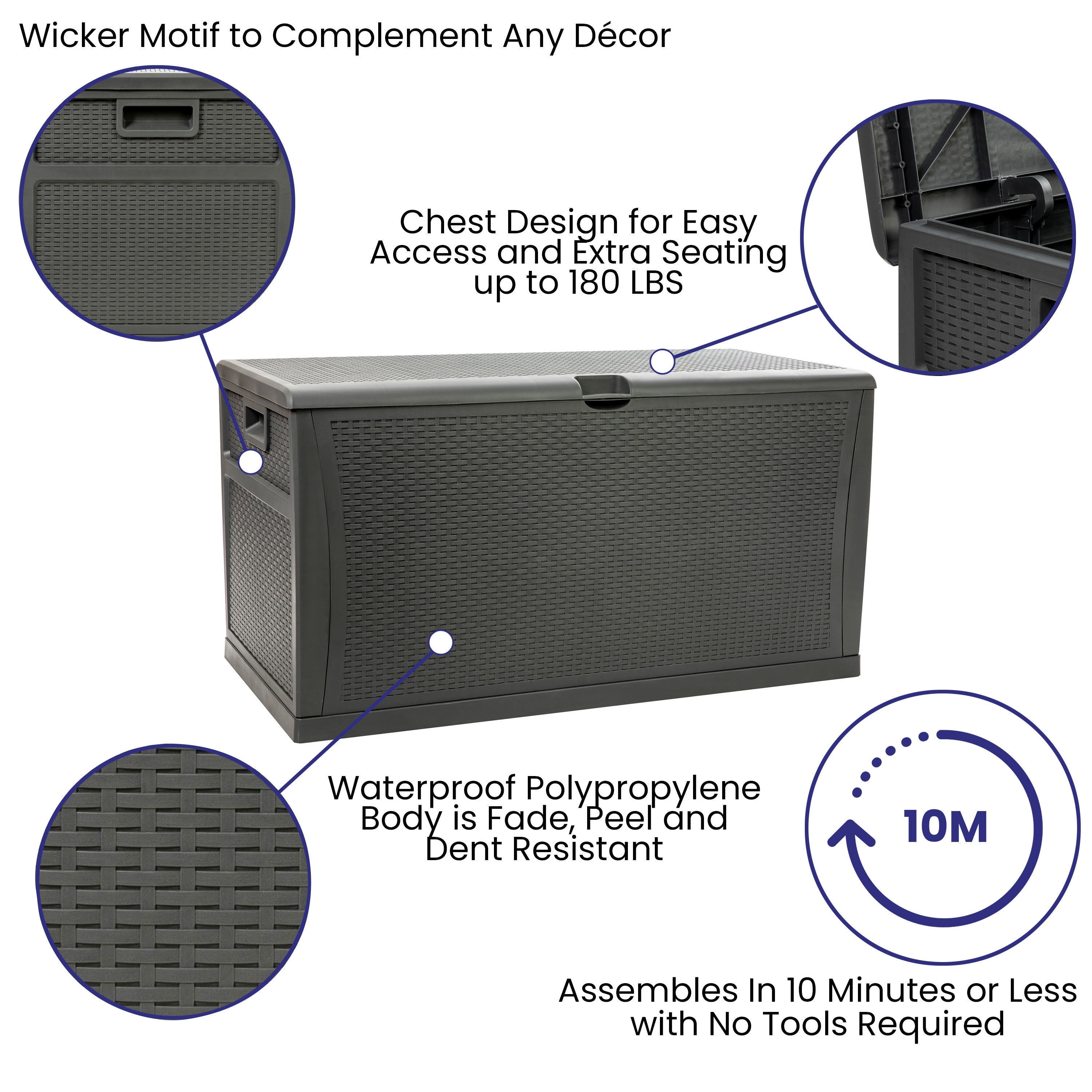 Nobu 120 Gallon Plastic Deck Box - Outdoor Waterproof Storage Box for Patio Cushions, Garden Tools and Pool Toys, Gray