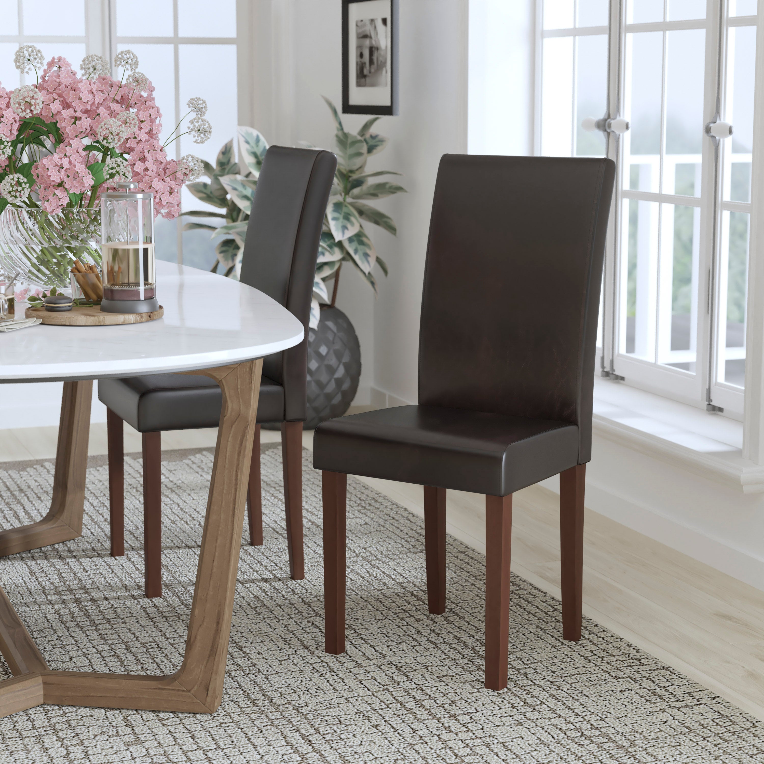 Greenwich Series Brown LeatherSoft Upholstered Panel Back Mid-Century Parsons Dining Chair