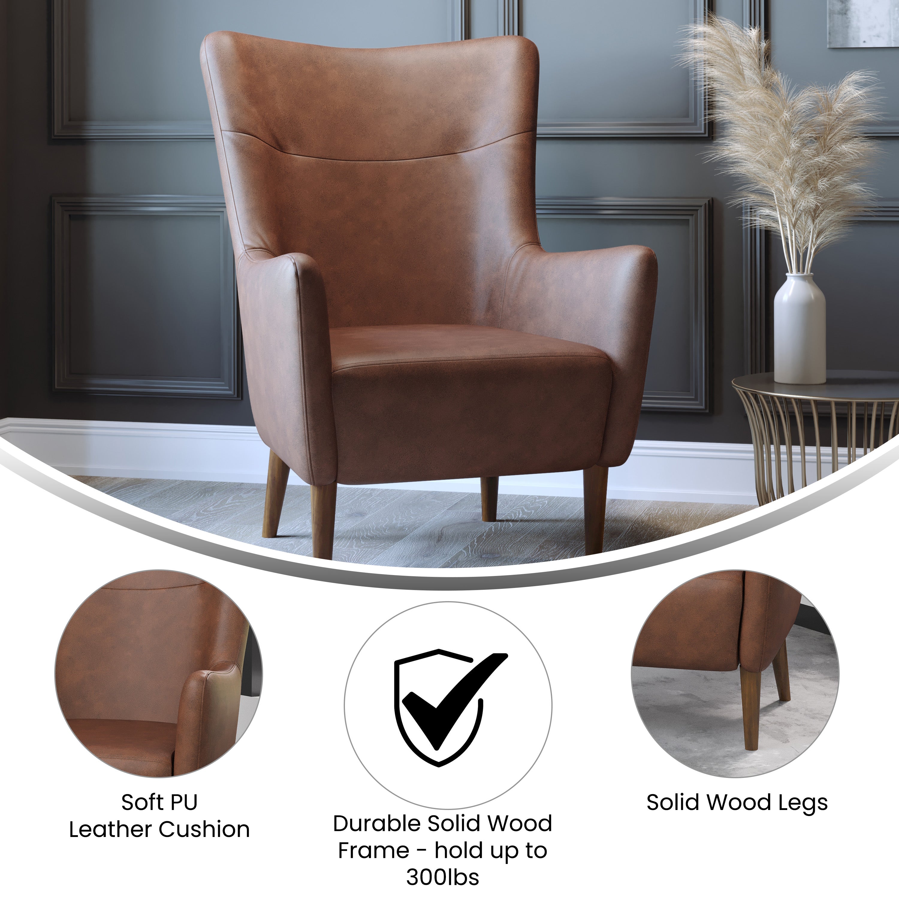 Connor Traditional Wingback Accent Chair, Commercial Grade Faux Leather Upholstery and Wooden Frame and Legs, Dark Brown