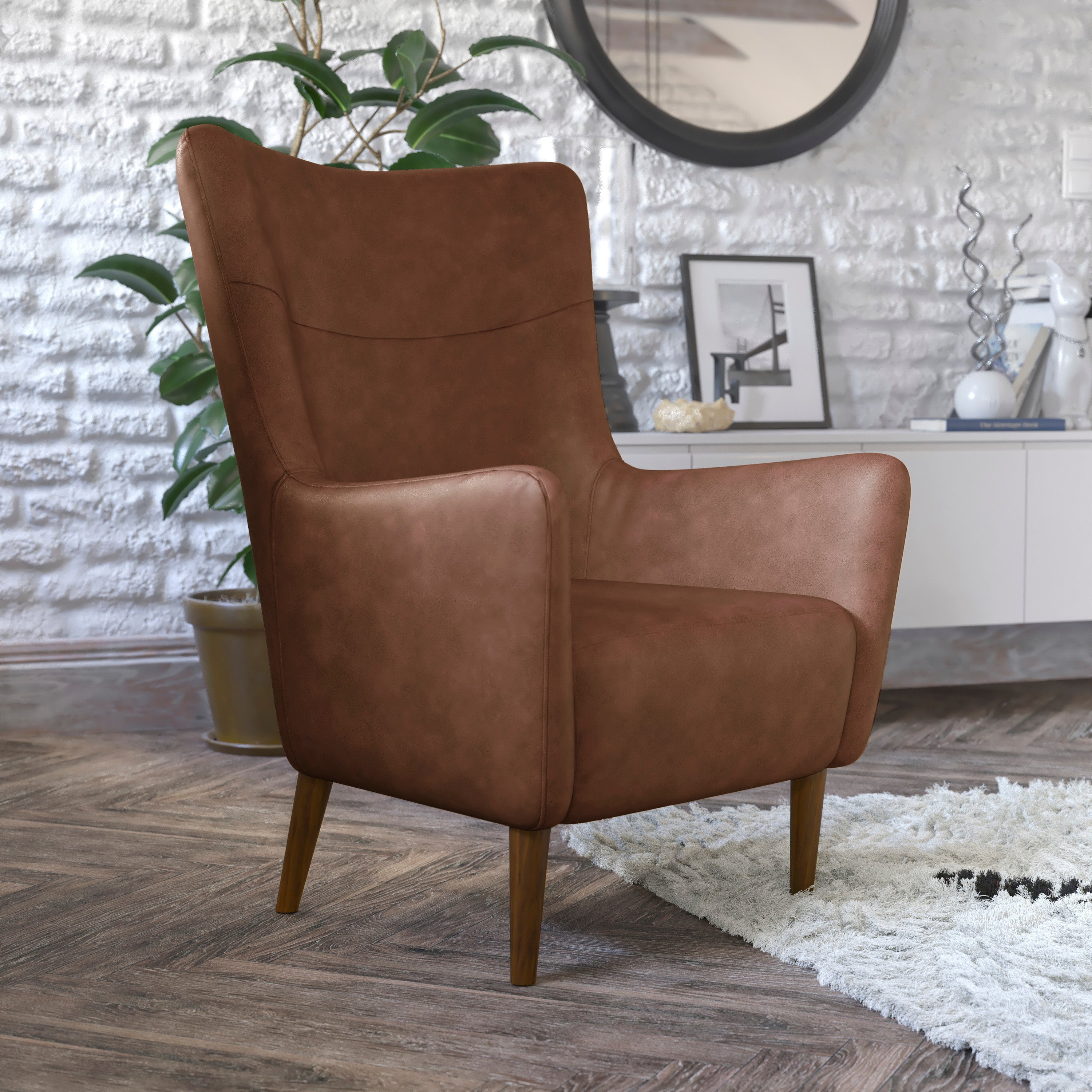 Connor Traditional Wingback Accent Chair, Commercial Grade Faux Leather Upholstery and Wooden Frame and Legs, Dark Brown