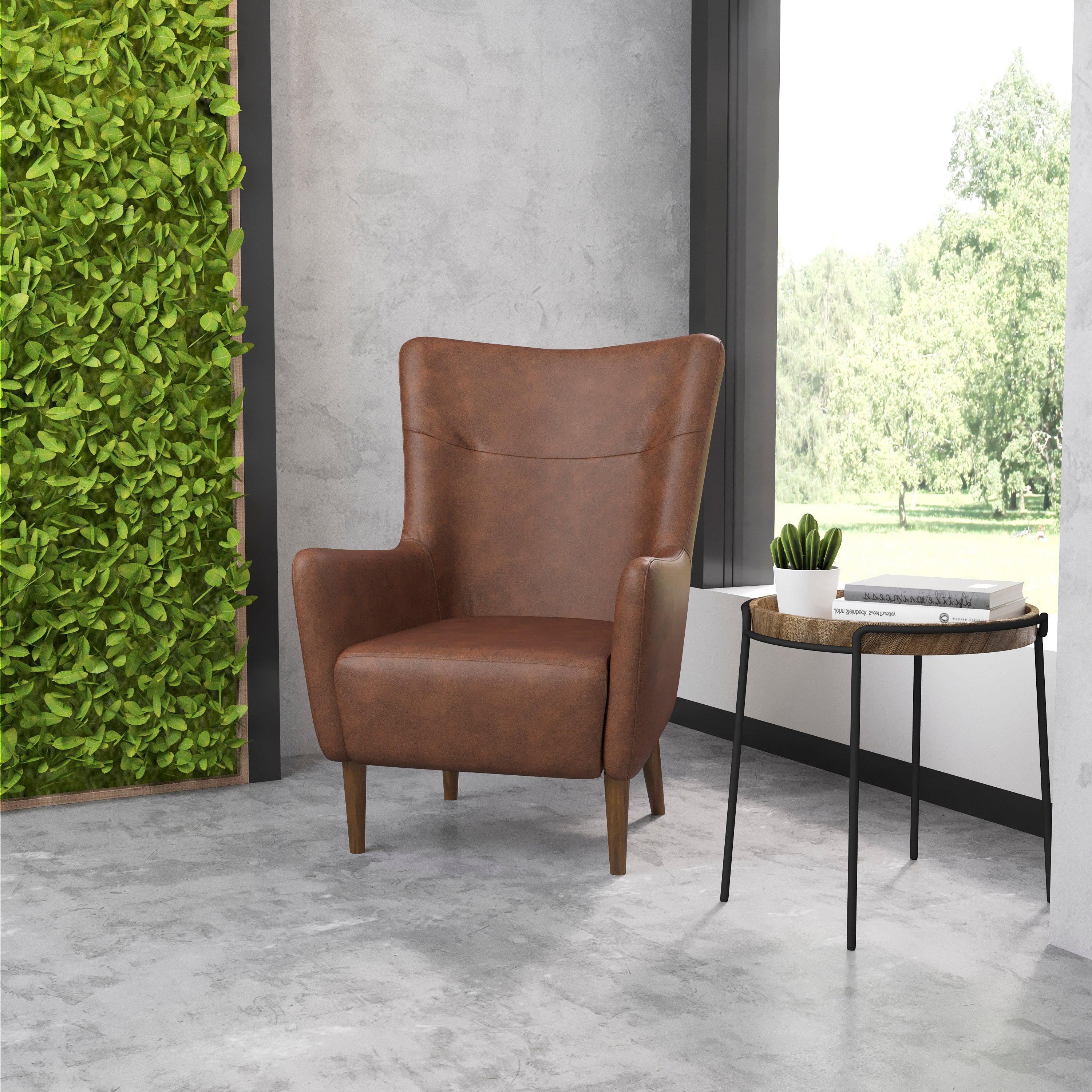 Connor Traditional Wingback Accent Chair, Commercial Grade Faux Leather Upholstery and Wooden Frame and Legs, Dark Brown