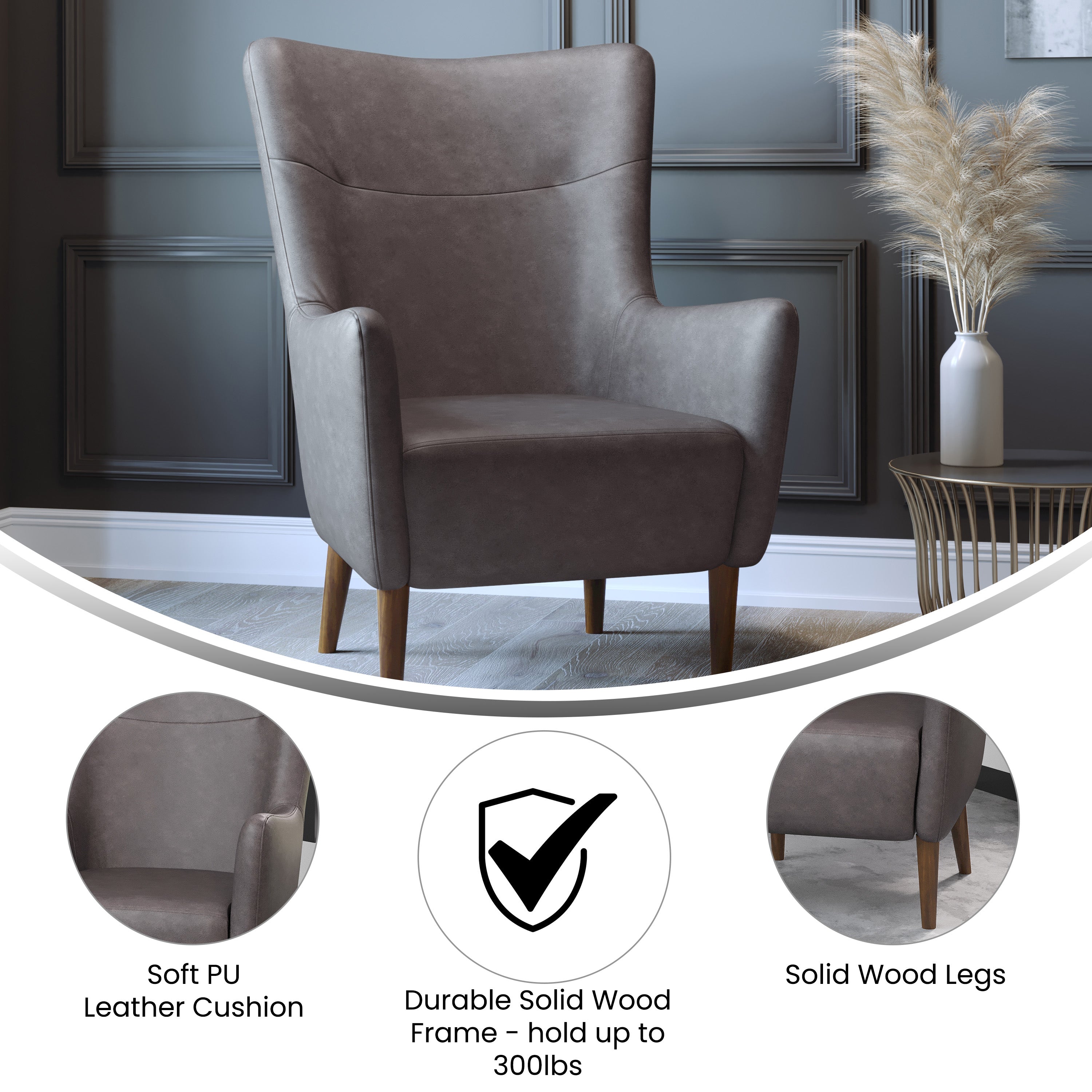Connor Traditional Wingback Accent Chair, Commercial Grade Faux Leather Upholstery and Wooden Frame and Legs, Dark Gray