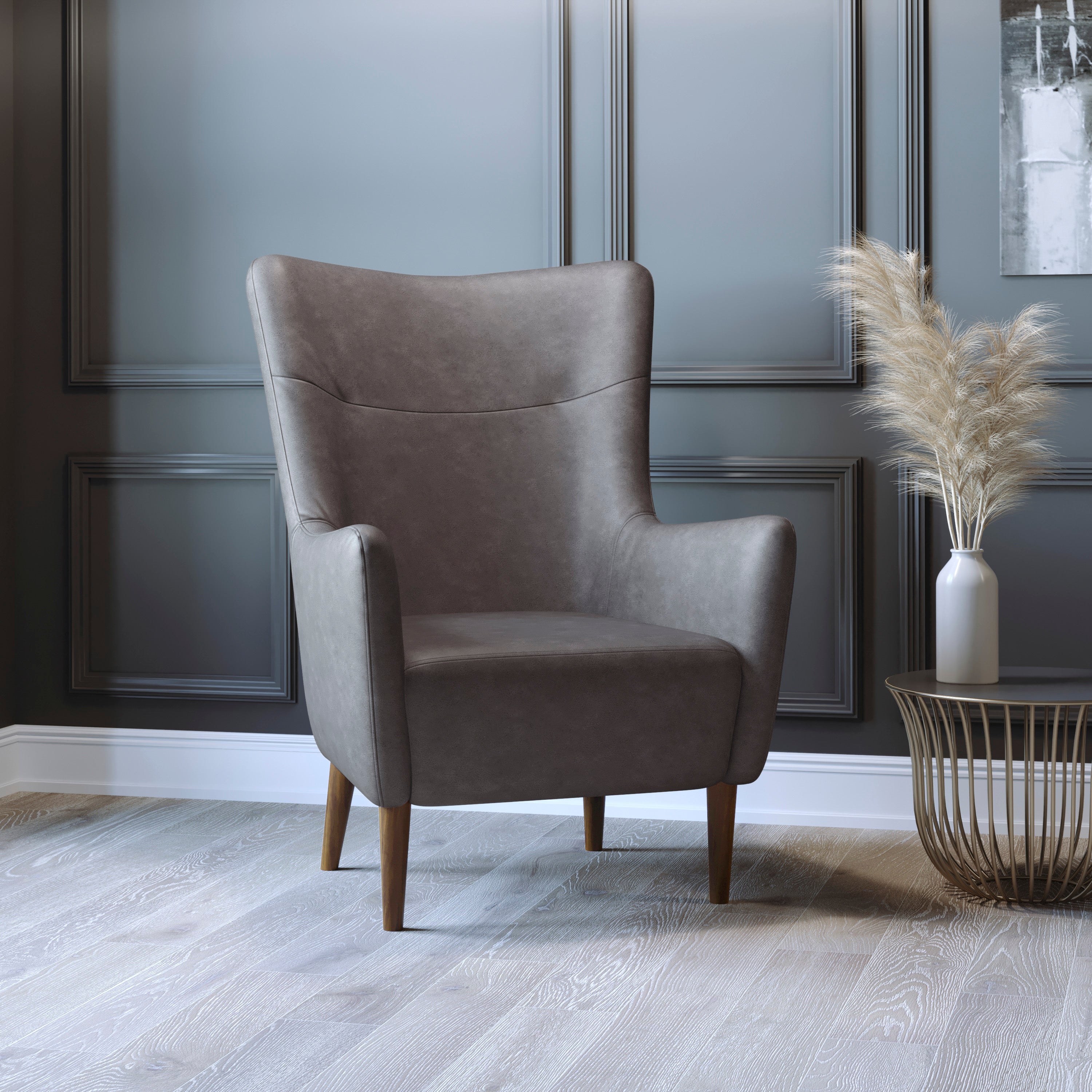 Connor Traditional Wingback Accent Chair, Commercial Grade Faux Leather Upholstery and Wooden Frame and Legs, Dark Gray