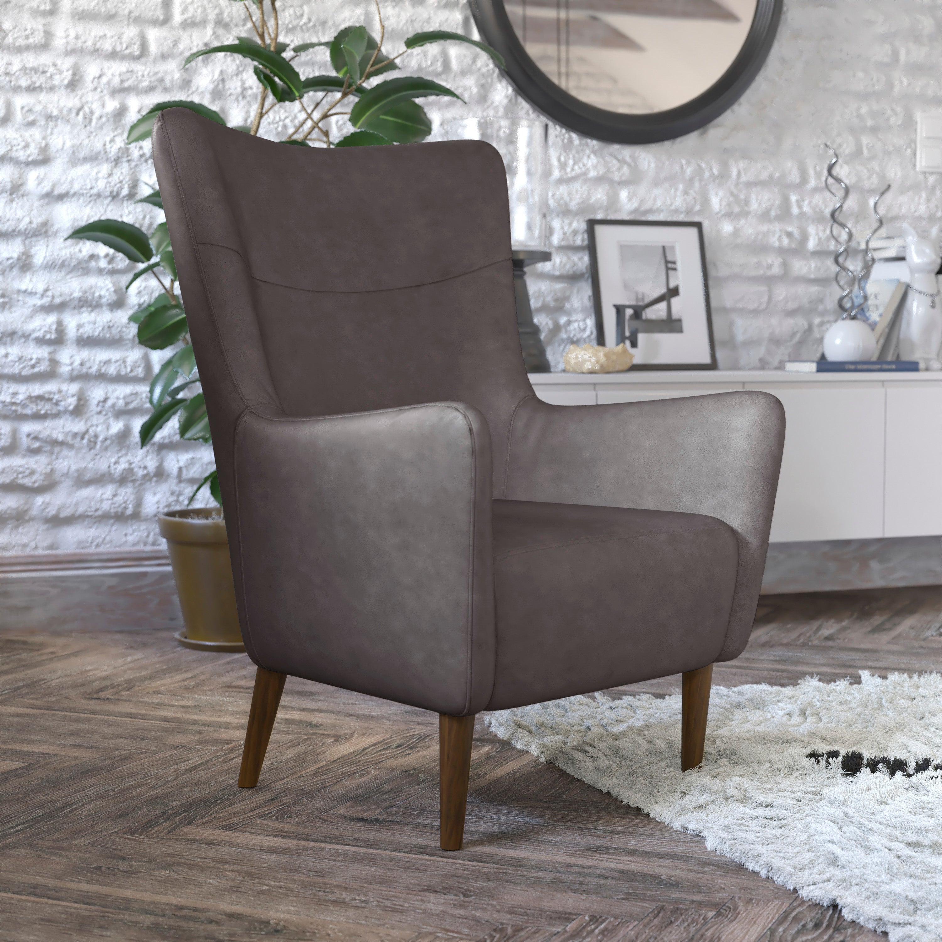 Connor Traditional Wingback Accent Chair, Commercial Grade Faux Leather Upholstery and Wooden Frame and Legs, Dark Gray