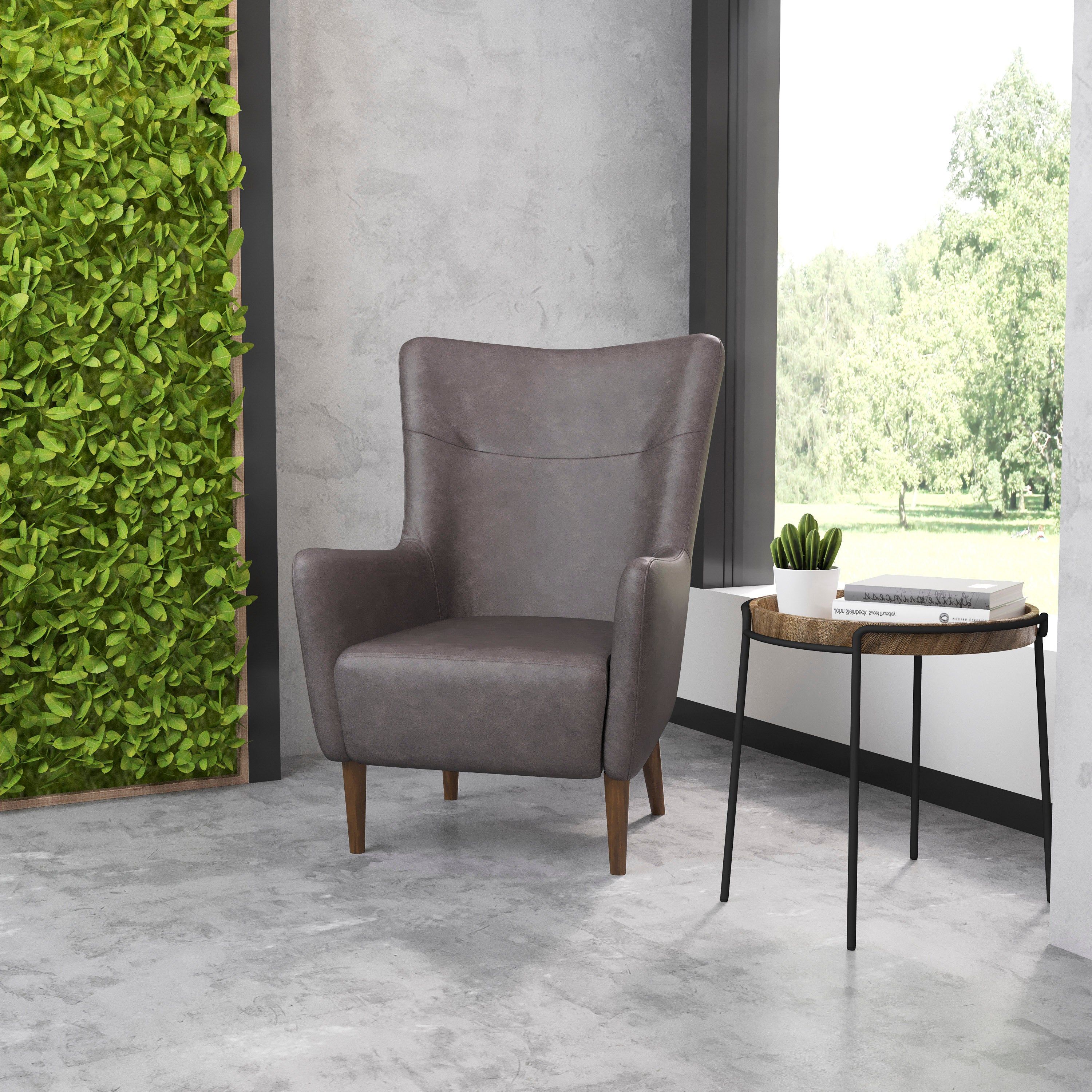 Connor Traditional Wingback Accent Chair, Commercial Grade Faux Leather Upholstery and Wooden Frame and Legs, Dark Gray