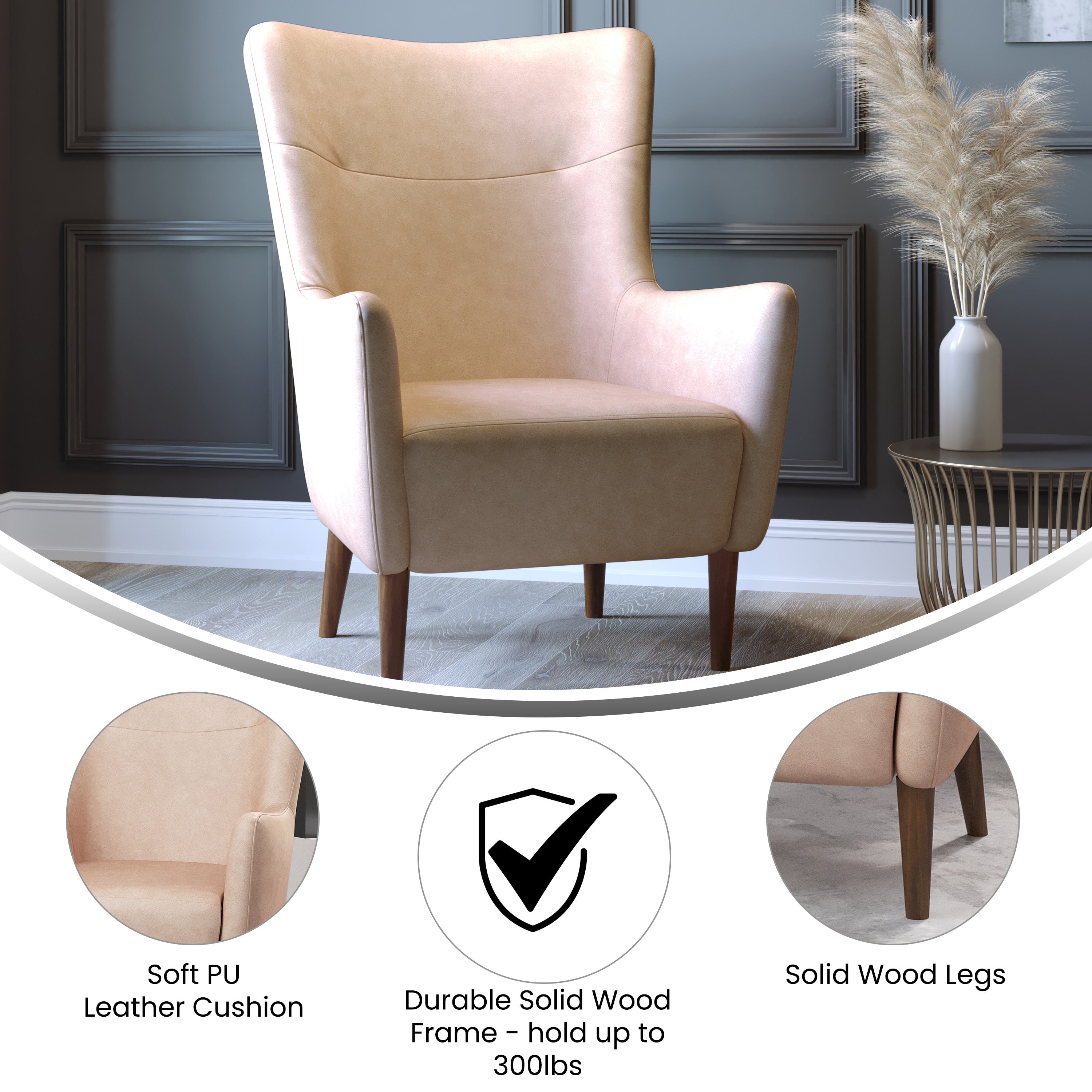 Connor Traditional Wingback Accent Chair, Commercial Grade Faux Leather Upholstery and Wooden Frame and Legs, Light Brown