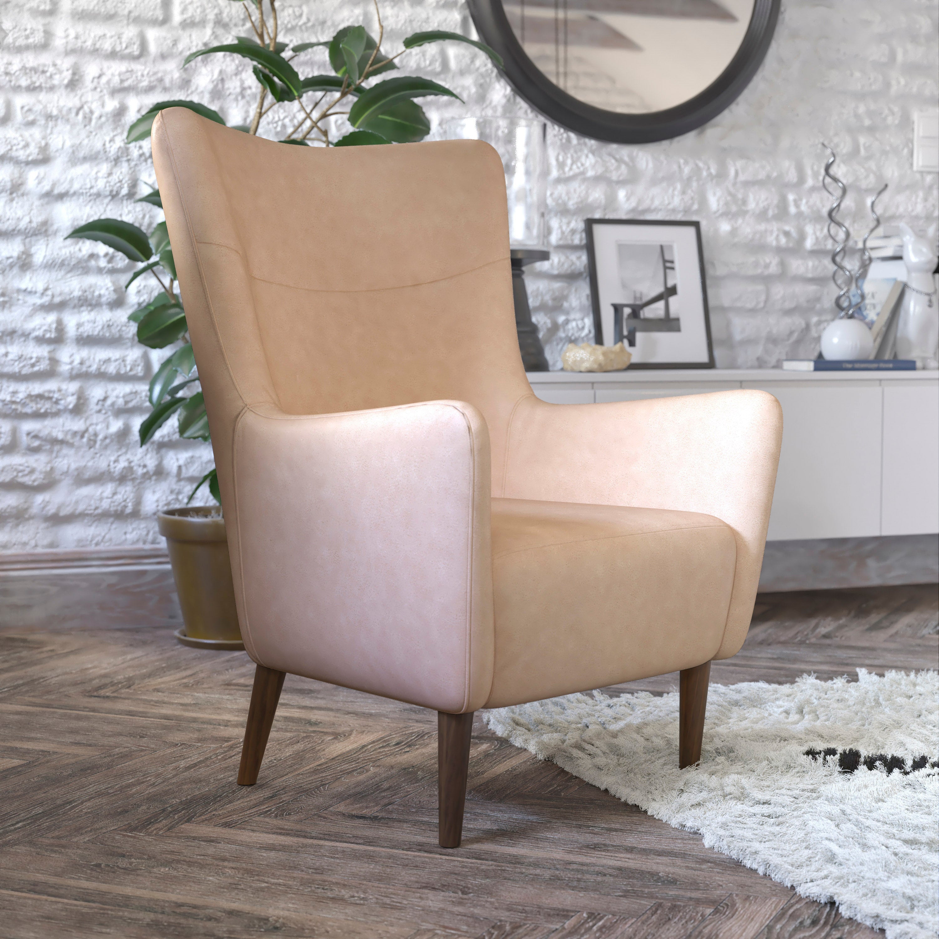 Connor Traditional Wingback Accent Chair, Commercial Grade Faux Leather Upholstery and Wooden Frame and Legs, Light Brown