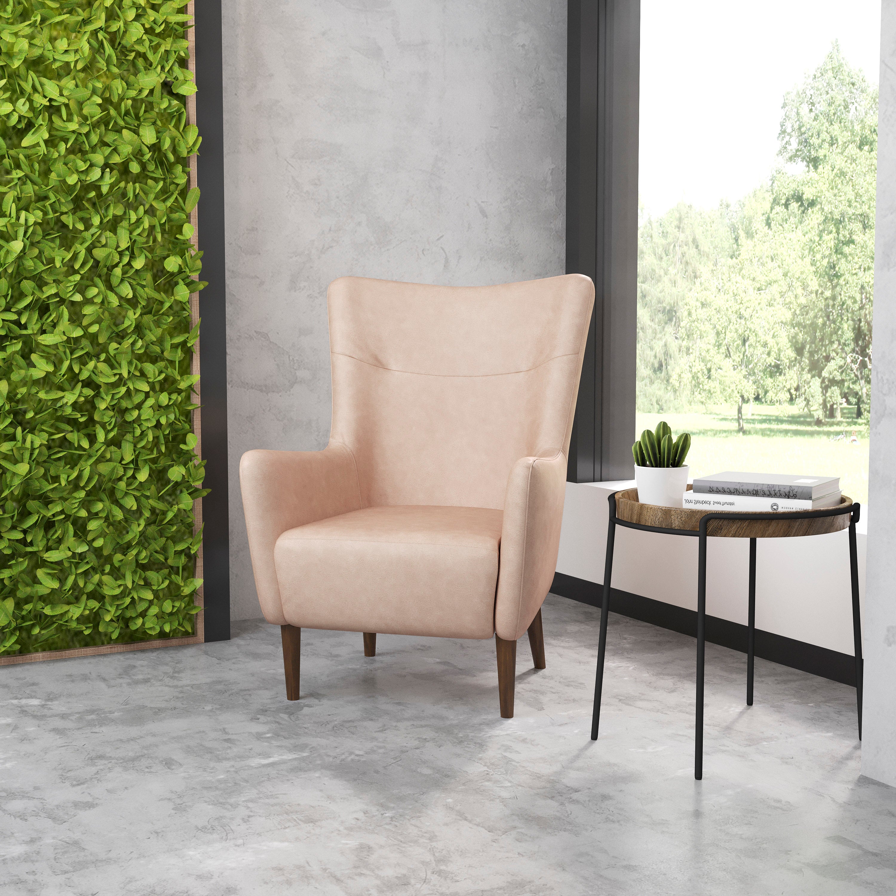 Connor Traditional Wingback Accent Chair, Commercial Grade Faux Leather Upholstery and Wooden Frame and Legs, Light Brown