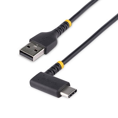 StarTech.com - 1ft USB a to C Right Angle Charging Cable - Heavy Duty 3A USB-C Cable - Rugged Aramid Fiber - Black