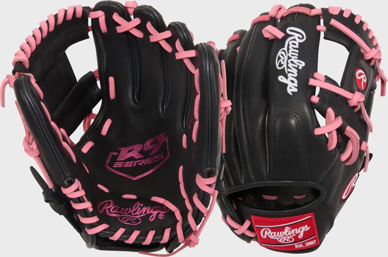 Rawlings R9 Baseball Contour Series 11.25-Inch Baseball Glove  - Right Hand Thrower - Black/Pink