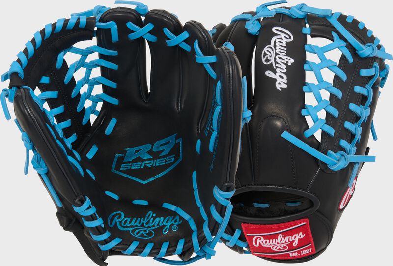 Rawlings R9 Baseball Contour Series 11.5-Inch Baseball Glove  - Right Hand Thrower - Black/Columbia Blue