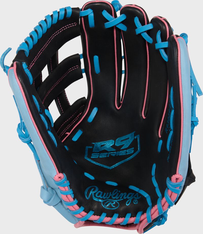 Rawlings R9 Baseball Series 12.75-Inch Baseball Glove  - Left Hand Thrower - Black/Columbia Blue/Pink
