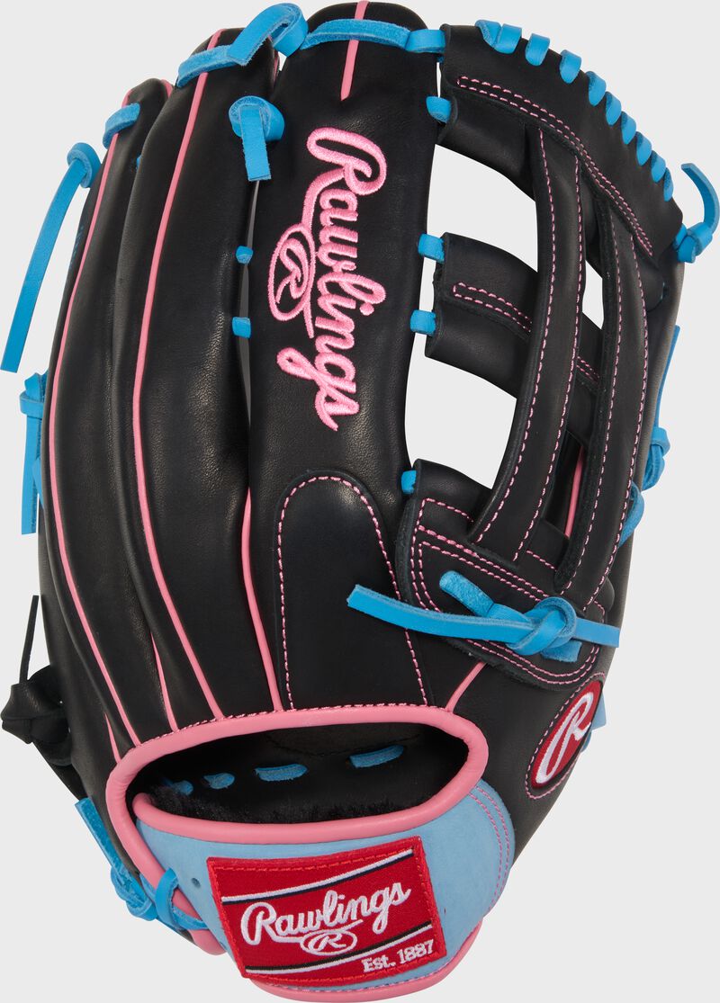 Rawlings R9 Baseball Series 12.75-Inch Baseball Glove  - Right Hand Thrower - Black/Columbia Blue/Pink