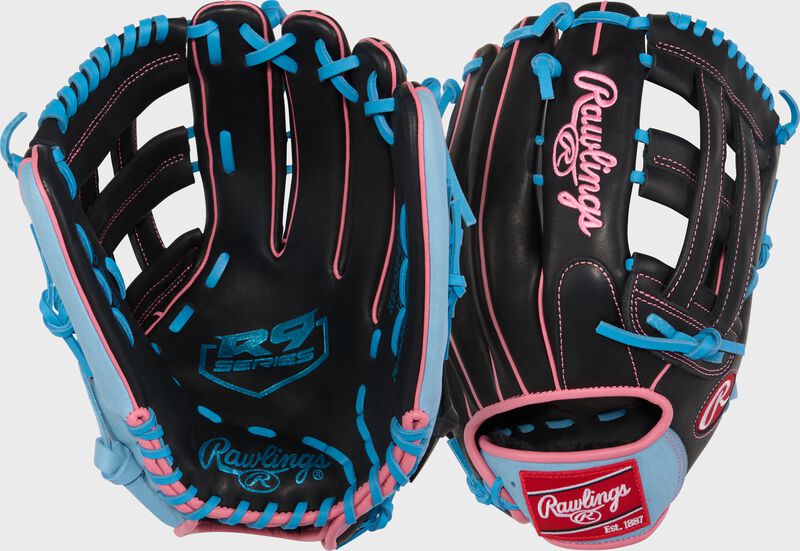 Rawlings R9 Baseball Series 12.75-Inch Baseball Glove  - Left Hand Thrower - Black/Columbia Blue/Pink