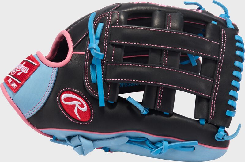 Rawlings R9 Baseball Series 12.75-Inch Baseball Glove  - Right Hand Thrower - Black/Columbia Blue/Pink