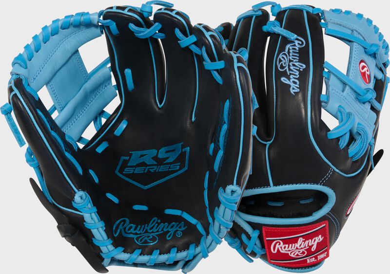 Rawlings R9 Baseball Series 11.5-Inch Baseball Glove  - Right Hand Thrower - Black/Columbia Blue