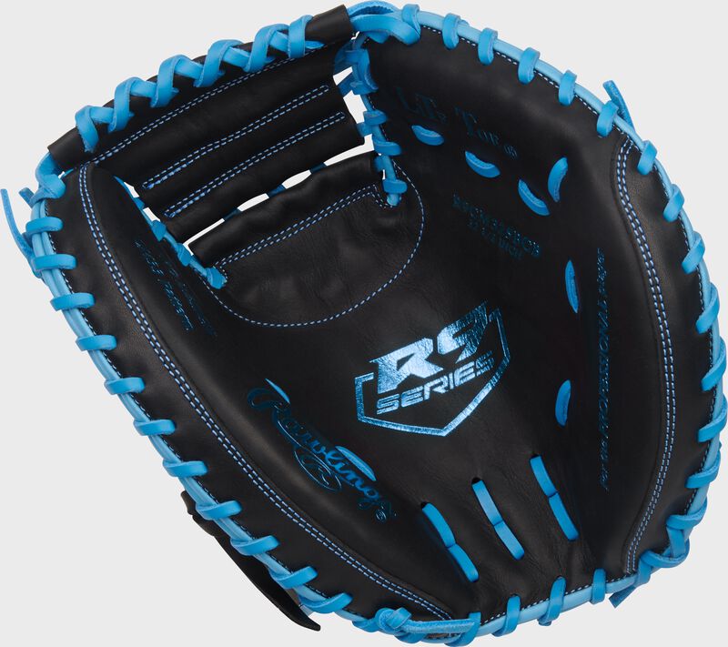 Rawlings R9 Baseball Series Catchers Mitt 32.5-Inch Baseball Glove - Right Hand Thrower - Black/Columbia Blue