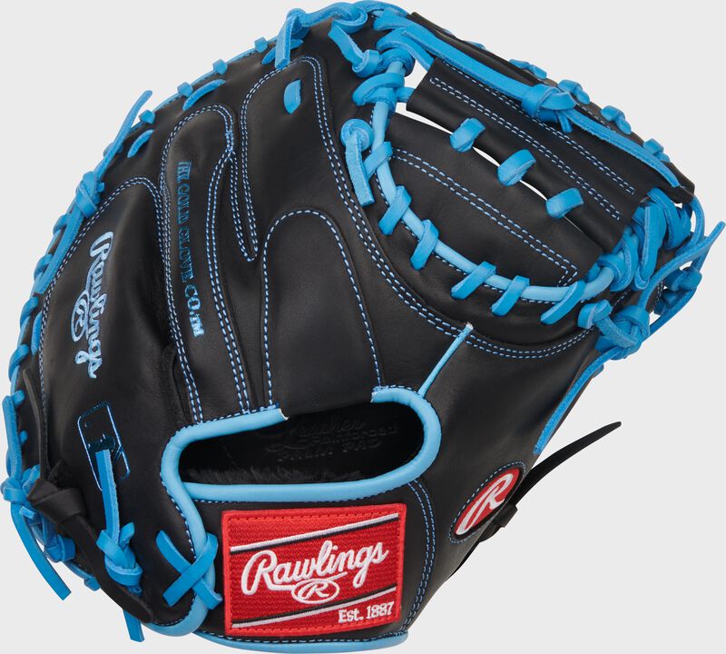 Rawlings R9 Baseball Series Catchers Mitt 32.5-Inch Baseball Glove - Right Hand Thrower - Black/Columbia Blue