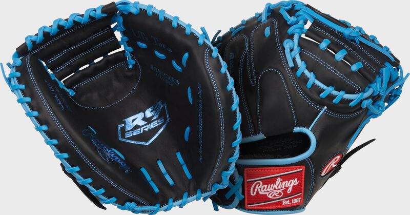 Rawlings R9 Baseball Series Catchers Mitt 32.5-Inch Baseball Glove - Right Hand Thrower - Black/Columbia Blue