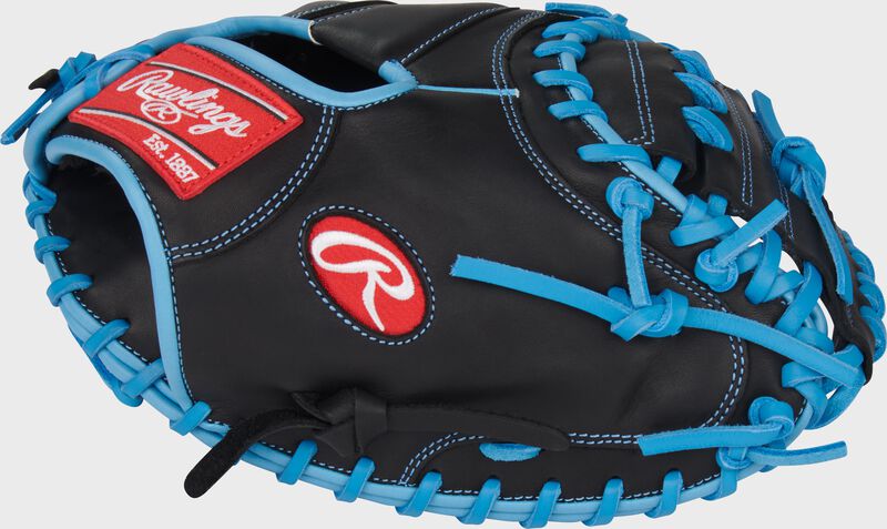 Rawlings R9 Baseball Series Catchers Mitt 32.5-Inch Baseball Glove - Right Hand Thrower - Black/Columbia Blue
