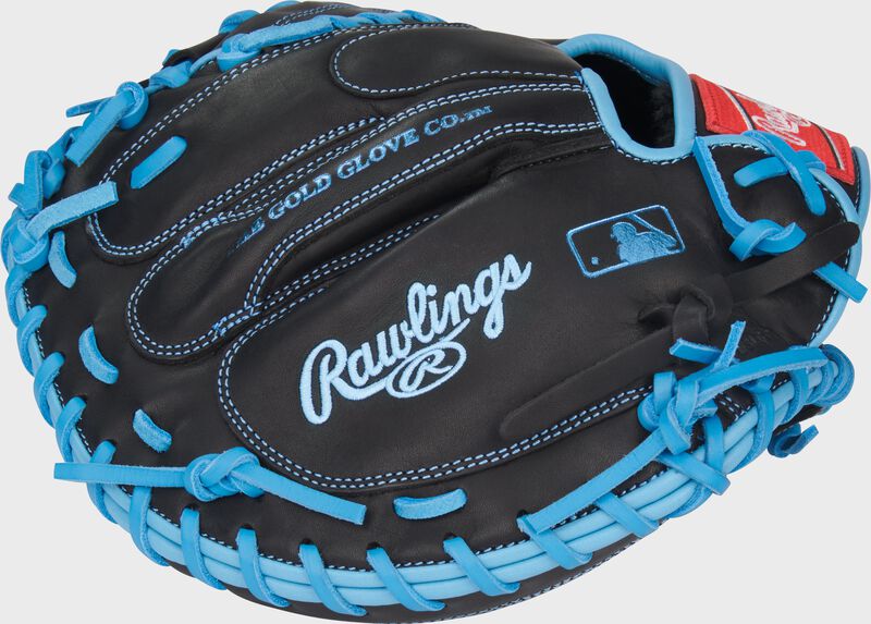 Rawlings R9 Baseball Series Catchers Mitt 32.5-Inch Baseball Glove - Right Hand Thrower - Black/Columbia Blue