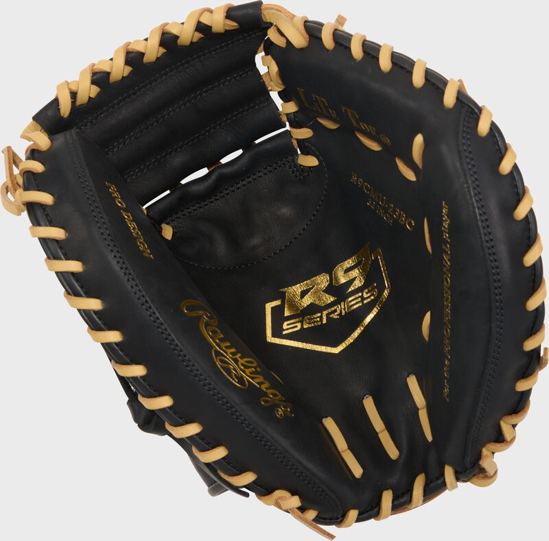 Rawlings R9 Baseball Contour Series Catchers Mitt 32-Inch Baseball Glove  - Right Hand Thrower - Black/Camel