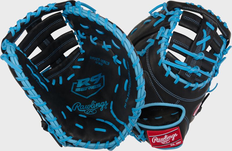 Rawlings R9 Baseball Series First Base Mitt 13-Inch Baseball Glove  - Left Hand Thrower - Black/Columbia Blue