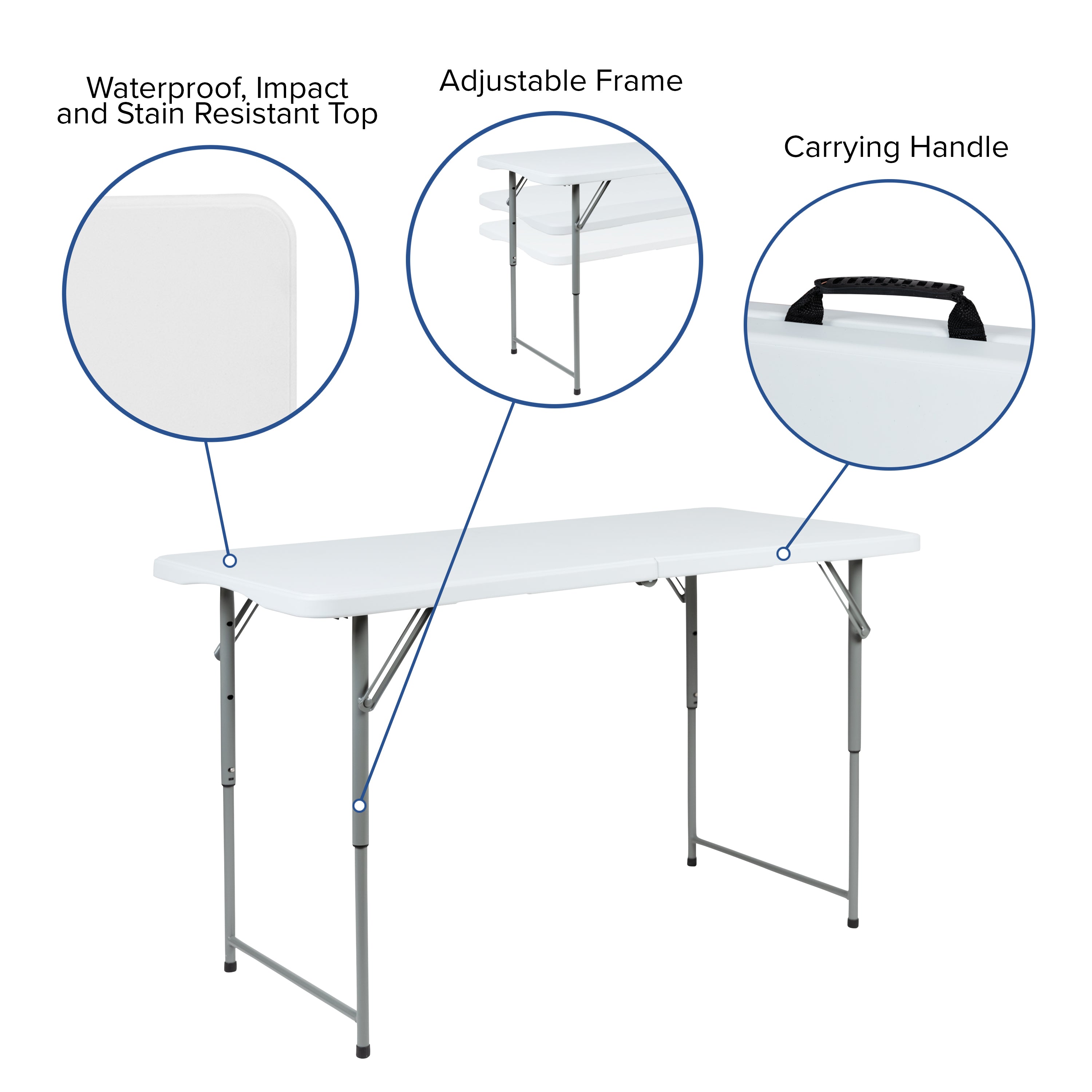 Kathryn 4-Foot Height Adjustable Bi-Fold Granite White Plastic Folding Table