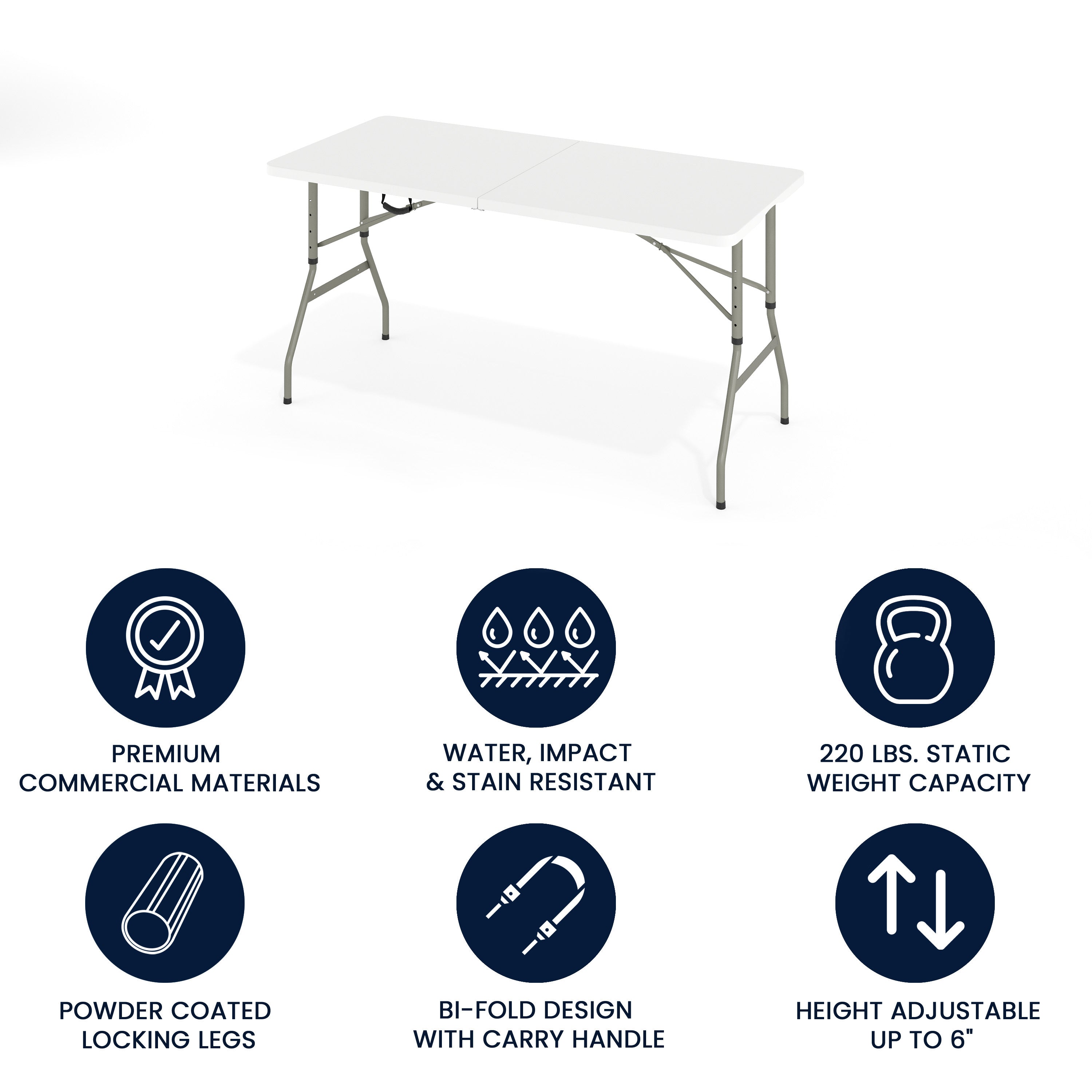 Kathryn 5-Foot Height Adjustable Bi-Fold Granite White Plastic Banquet and Event Folding Table with Carrying Handle