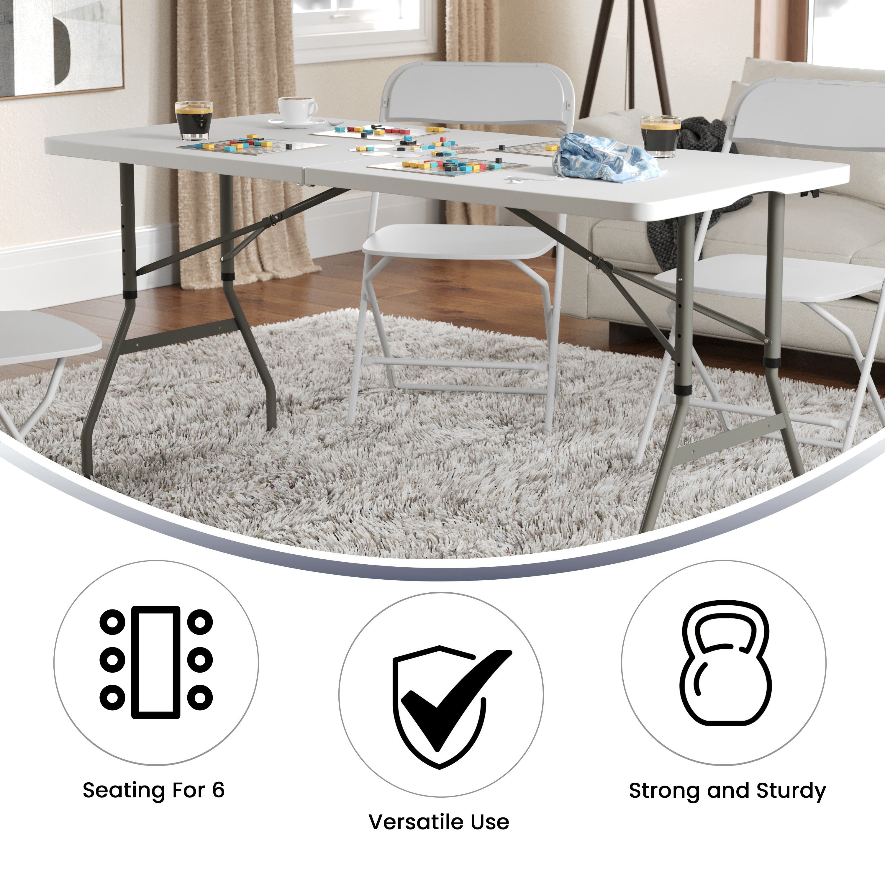 Kathryn 5-Foot Height Adjustable Bi-Fold Granite White Plastic Banquet and Event Folding Table with Carrying Handle