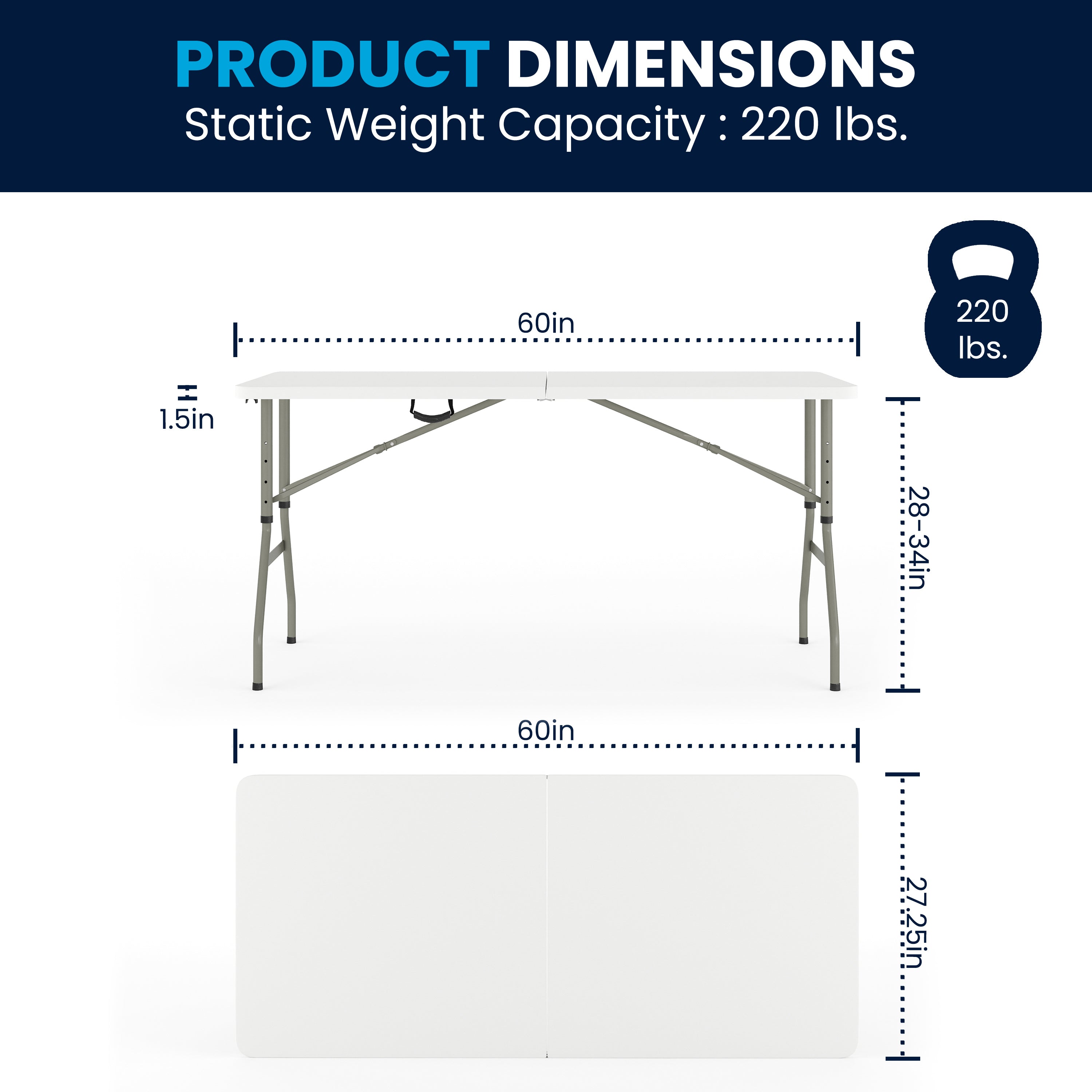 Kathryn 5-Foot Height Adjustable Bi-Fold Granite White Plastic Banquet and Event Folding Table with Carrying Handle