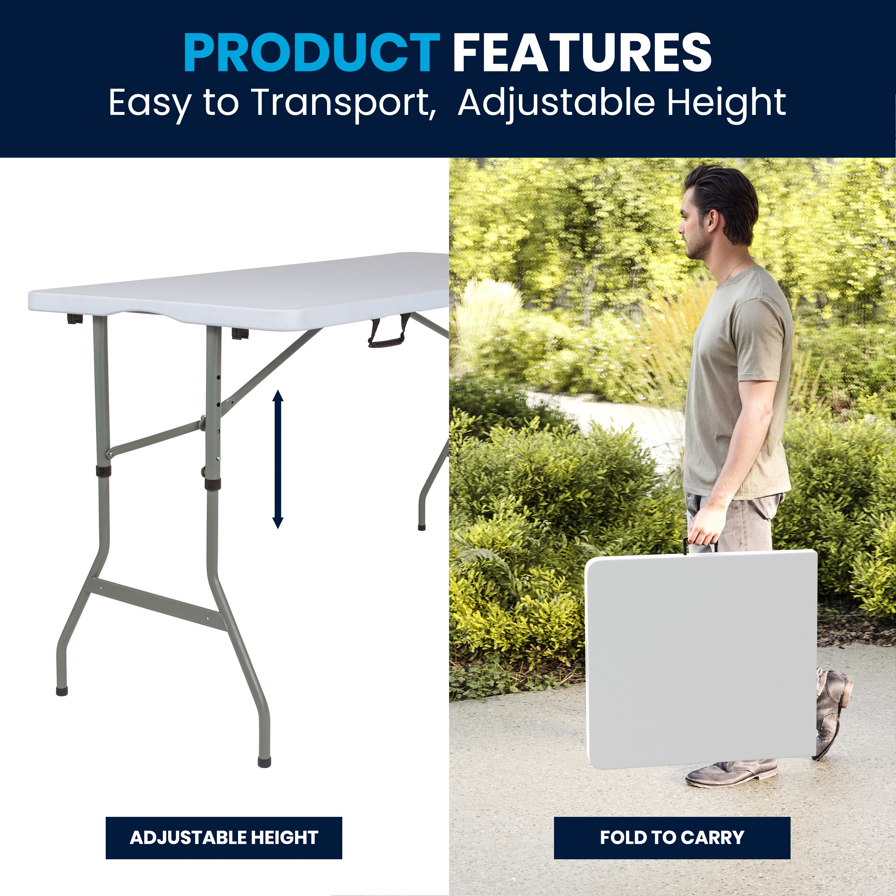 Kathryn 5-Foot Height Adjustable Bi-Fold Granite White Plastic Banquet and Event Folding Table with Carrying Handle
