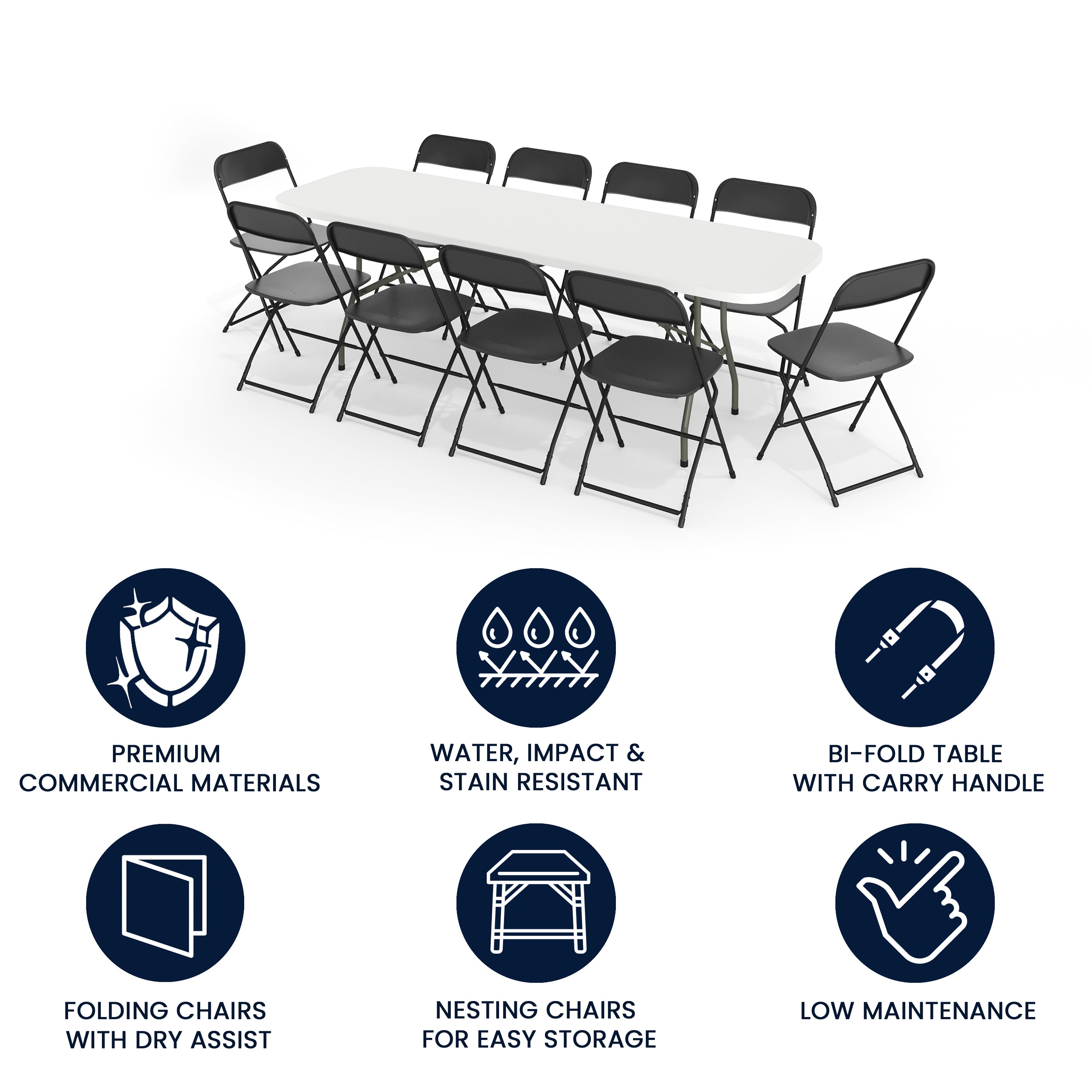 Kathryn 8' Bi-Fold Granite White Plastic Event/Training Folding Table Set with 10 Folding Chairs