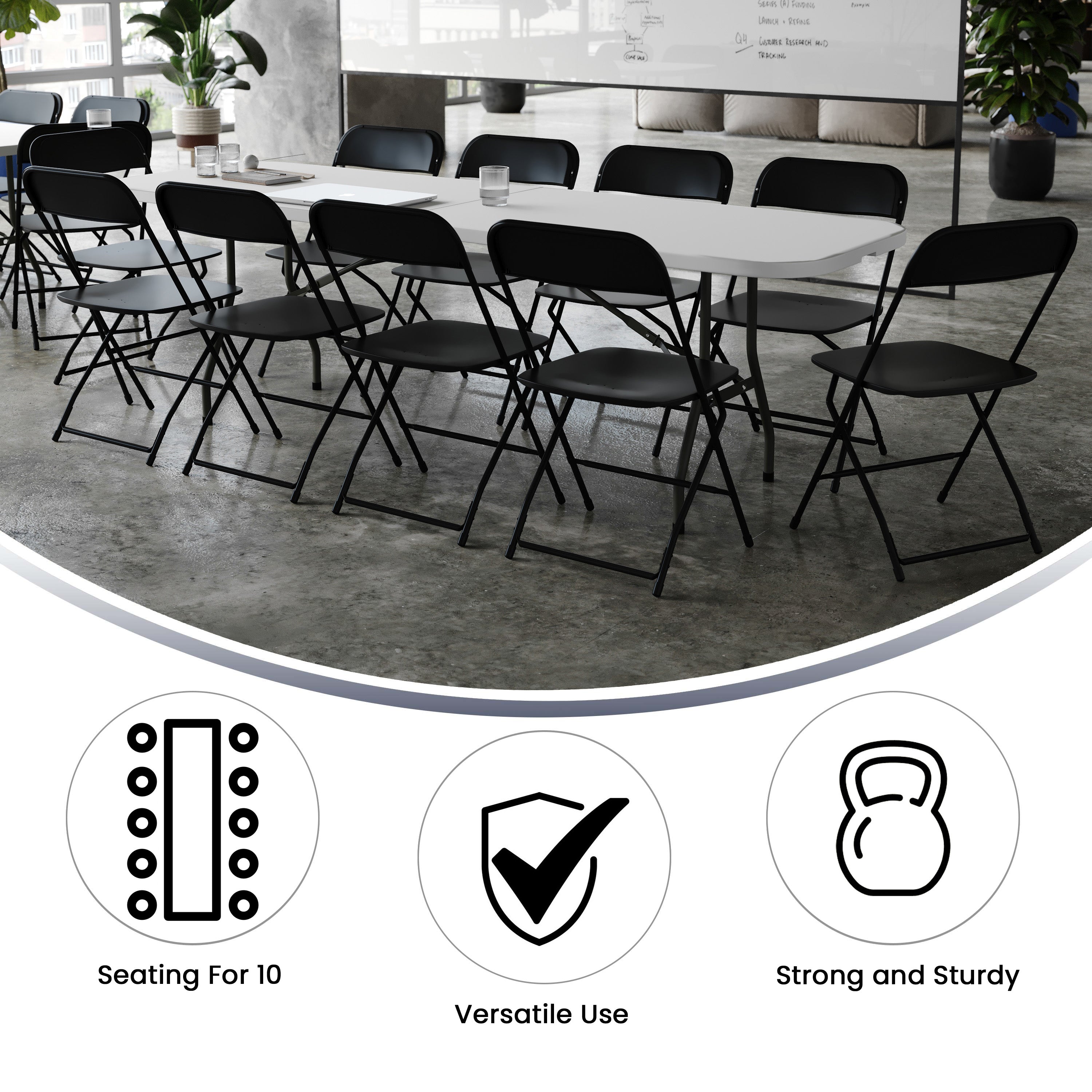 Kathryn 8' Bi-Fold Granite White Plastic Event/Training Folding Table Set with 10 Folding Chairs