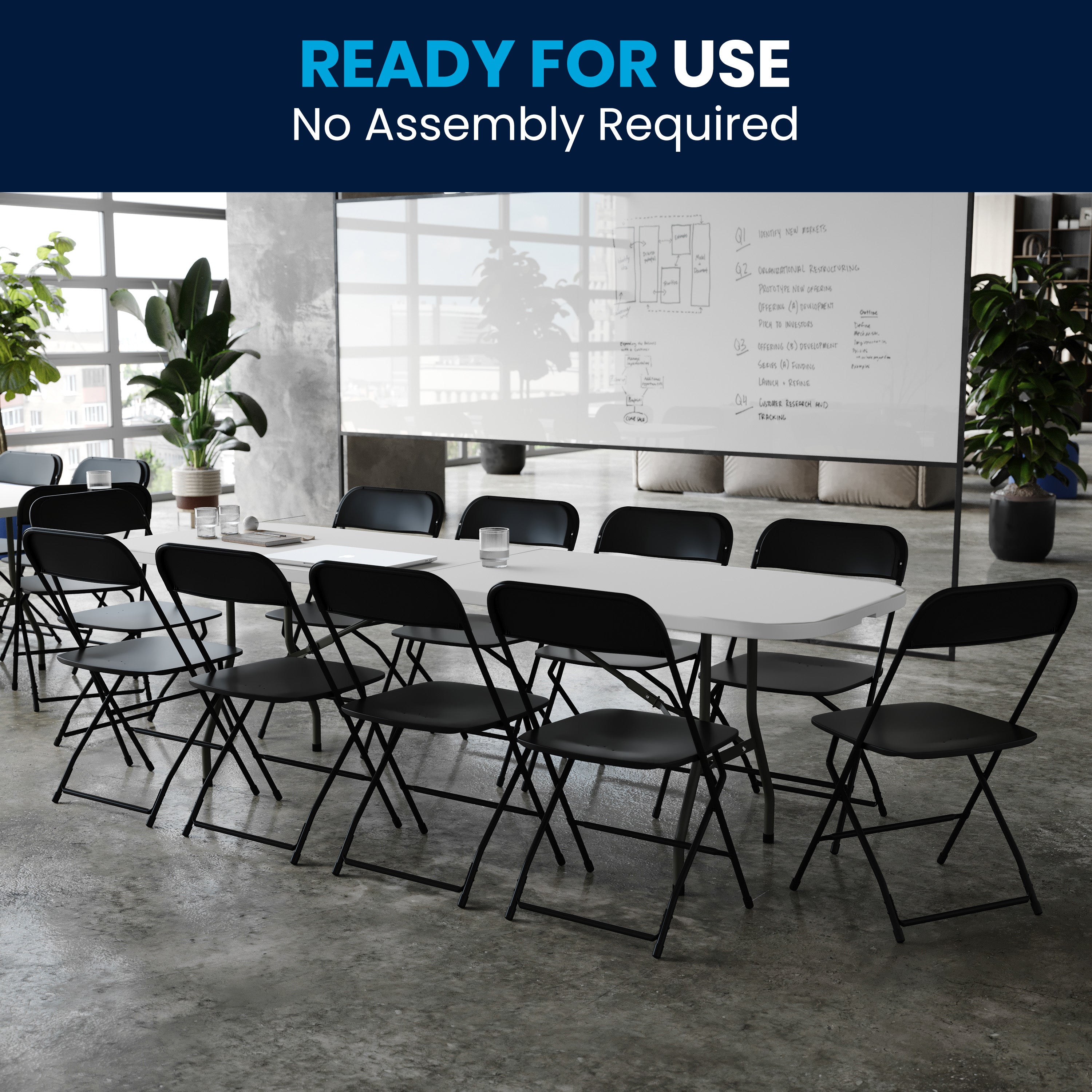 Kathryn 8' Bi-Fold Granite White Plastic Event/Training Folding Table Set with 10 Folding Chairs