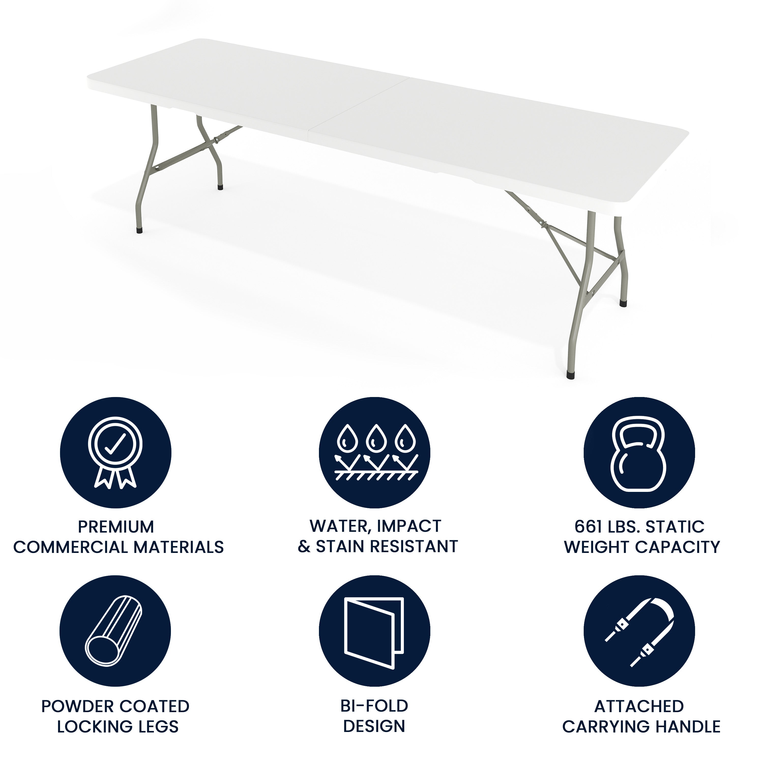 Kathryn 8-Foot Bi-Fold Granite White Plastic Banquet and Event Folding Table with Carrying Handle