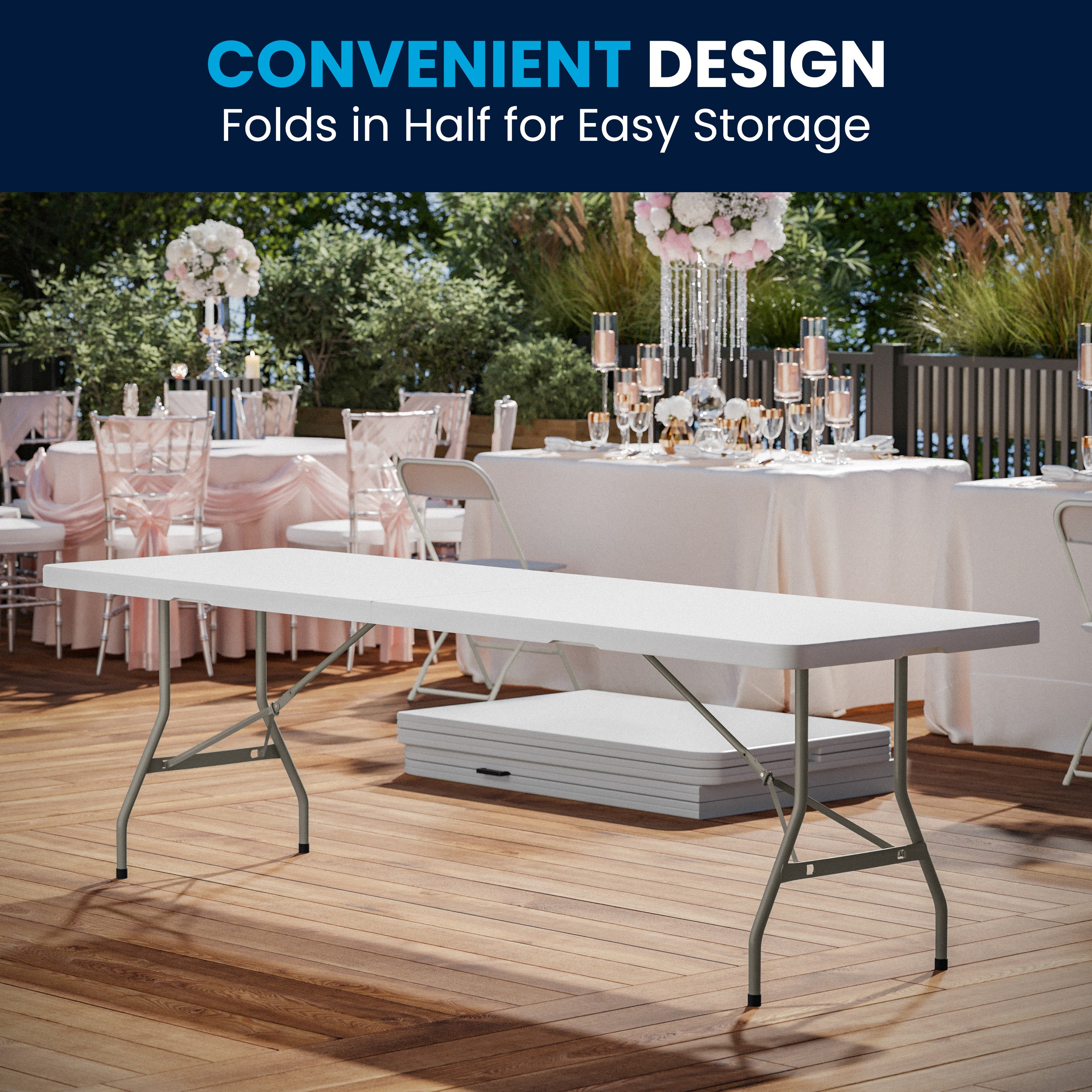 Kathryn 8-Foot Bi-Fold Granite White Plastic Banquet and Event Folding Table with Carrying Handle