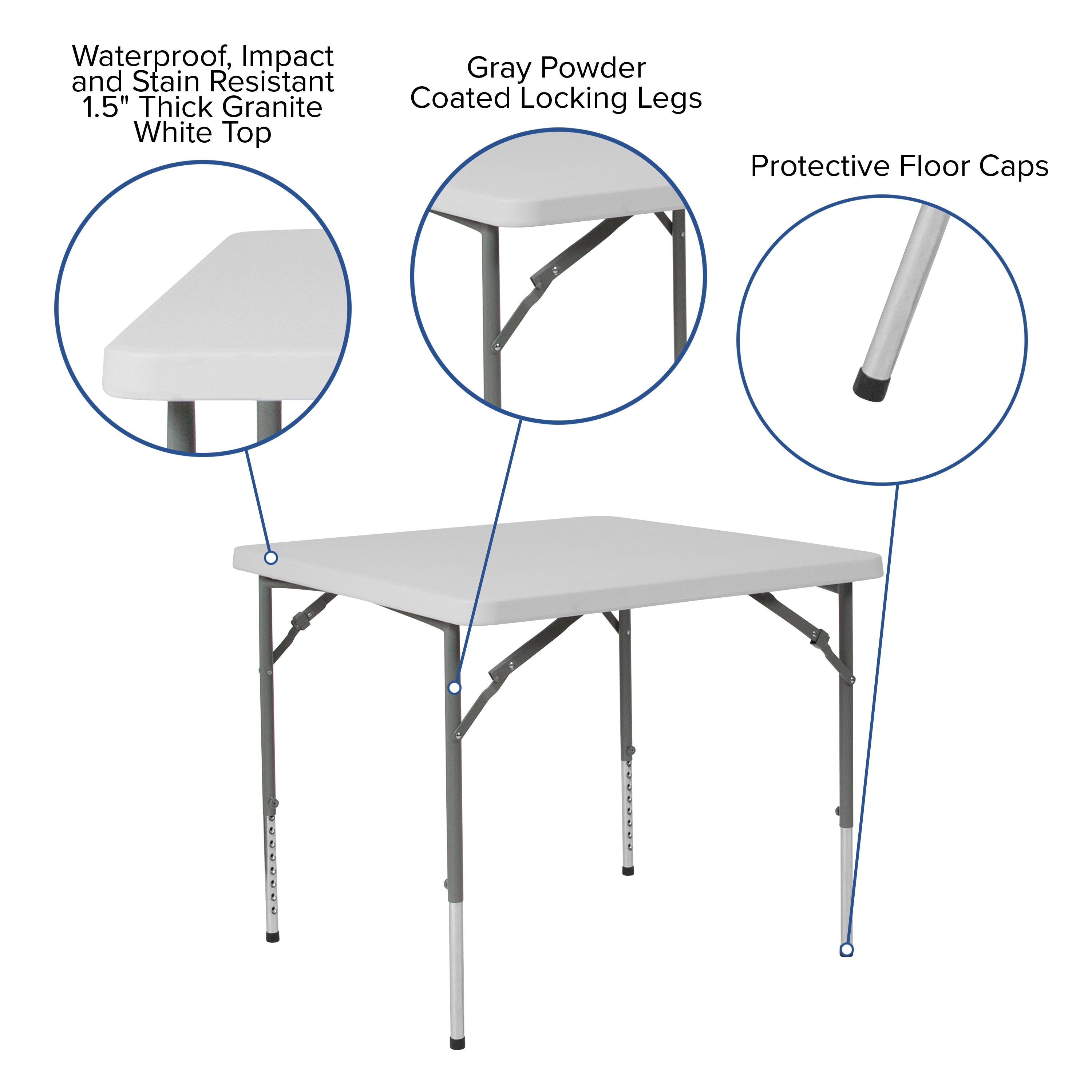 Kathryn 2.79-Foot Square Height Adjustable Granite White Plastic Folding Table