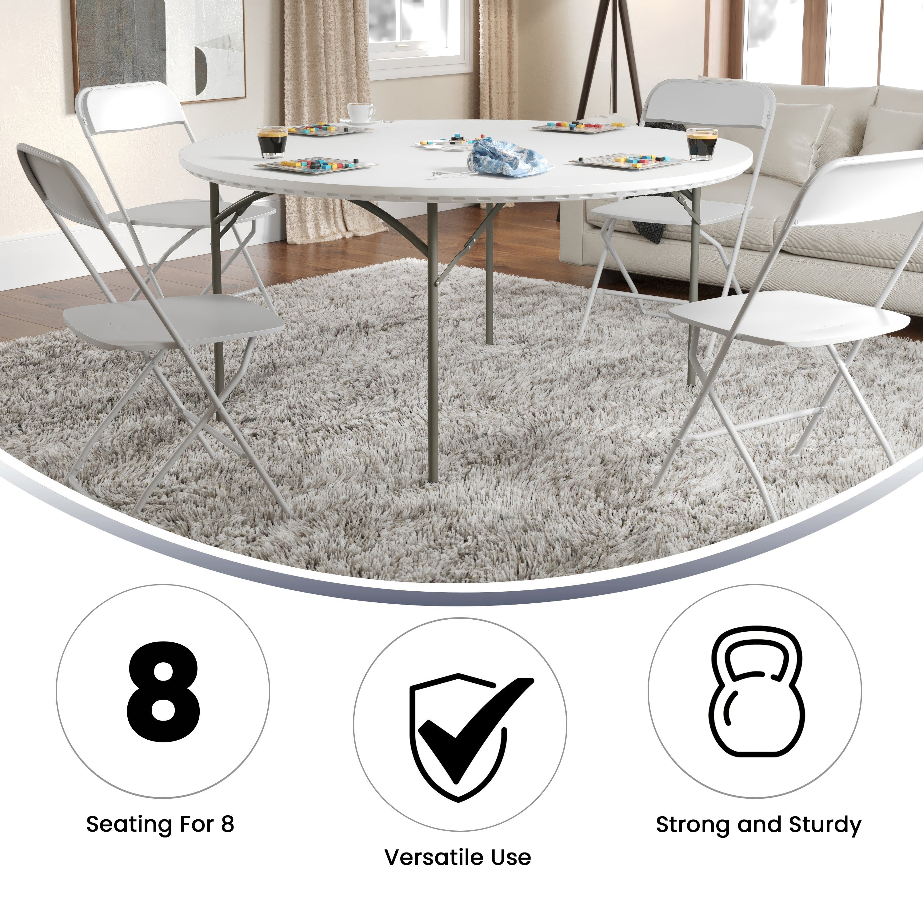 Kathryn 5-Foot Round Granite White Plastic Folding Table, Commercial Grade Round Table for 8 Guests