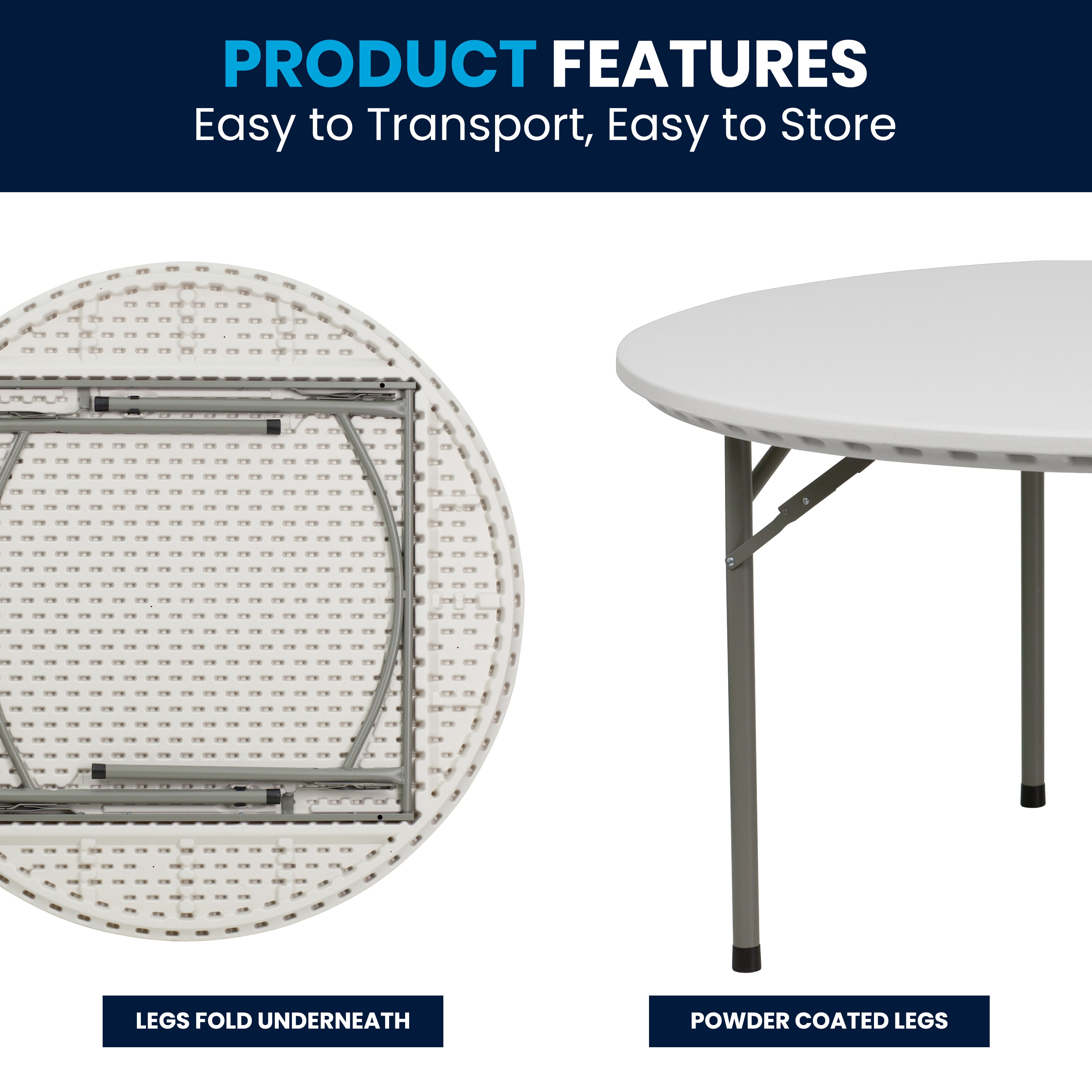 Kathryn 5-Foot Round Granite White Plastic Folding Table, Commercial Grade Round Table for 8 Guests