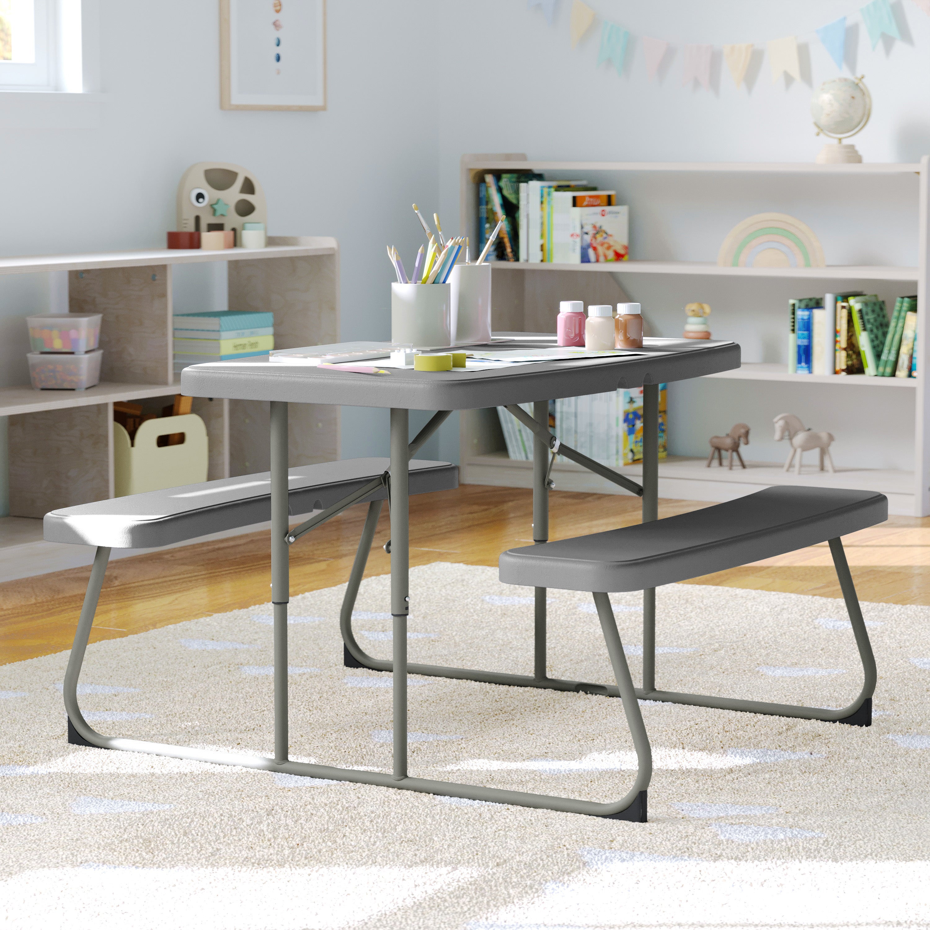 Paige Easy-Fold Gray Folding Plastic Kids Outdoor Picnic Table and Benches - Commercial Grade - Seating for 4 Kids
