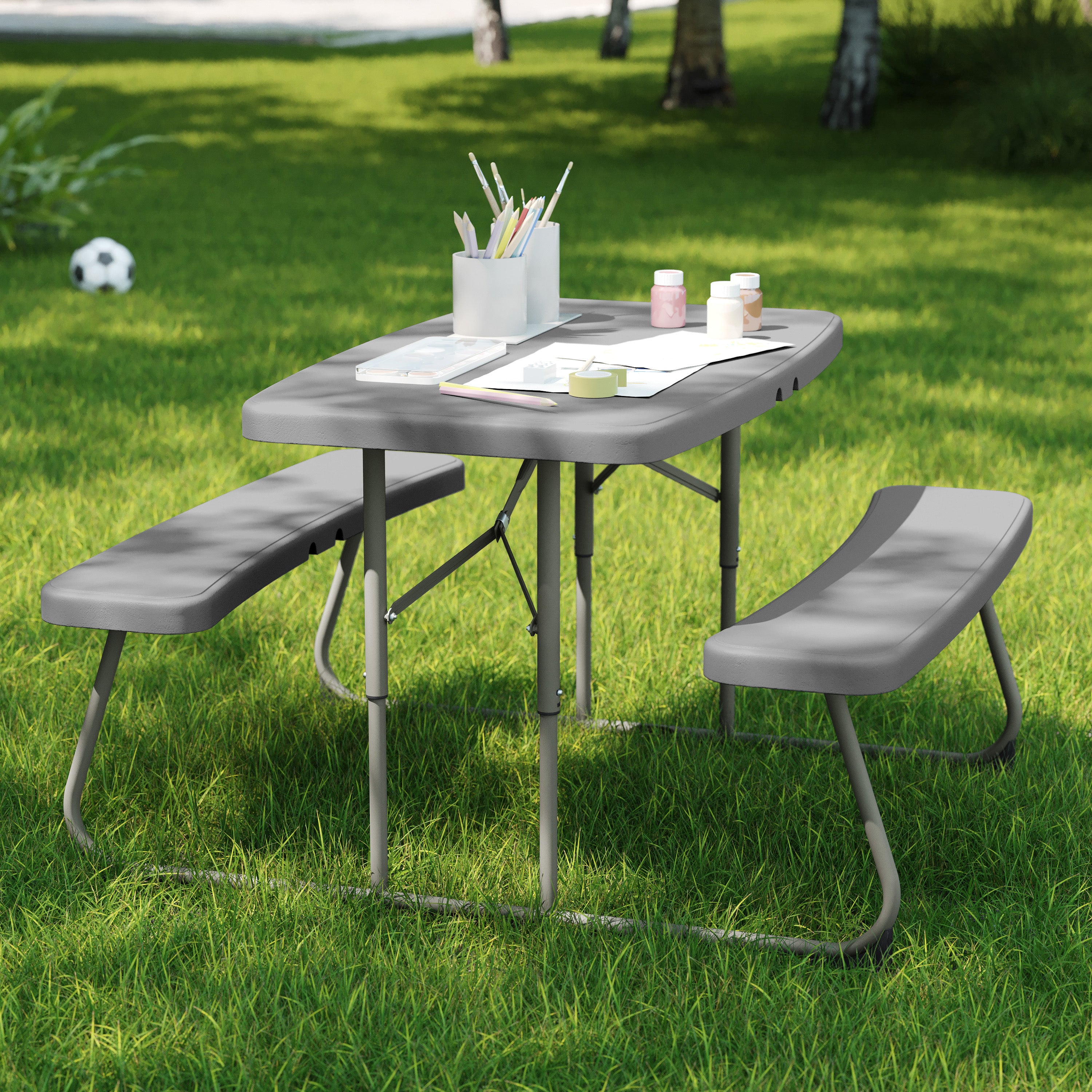 Paige Easy-Fold Gray Folding Plastic Kids Outdoor Picnic Table and Benches - Commercial Grade - Seating for 4 Kids