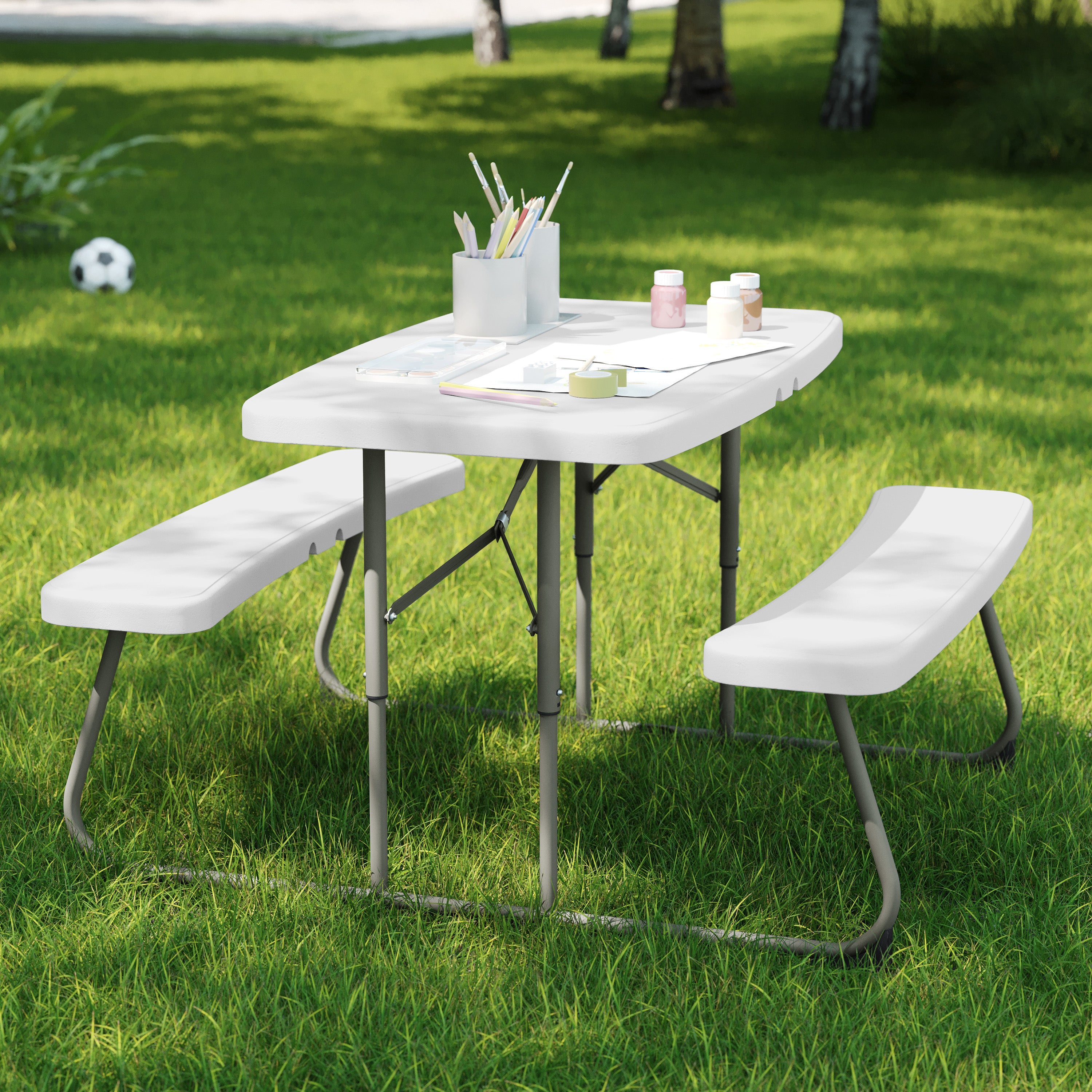 Paige Easy-Fold White Folding Plastic Kids Outdoor Picnic Table and Benches - Commercial Grade - Seating for 4 Kids
