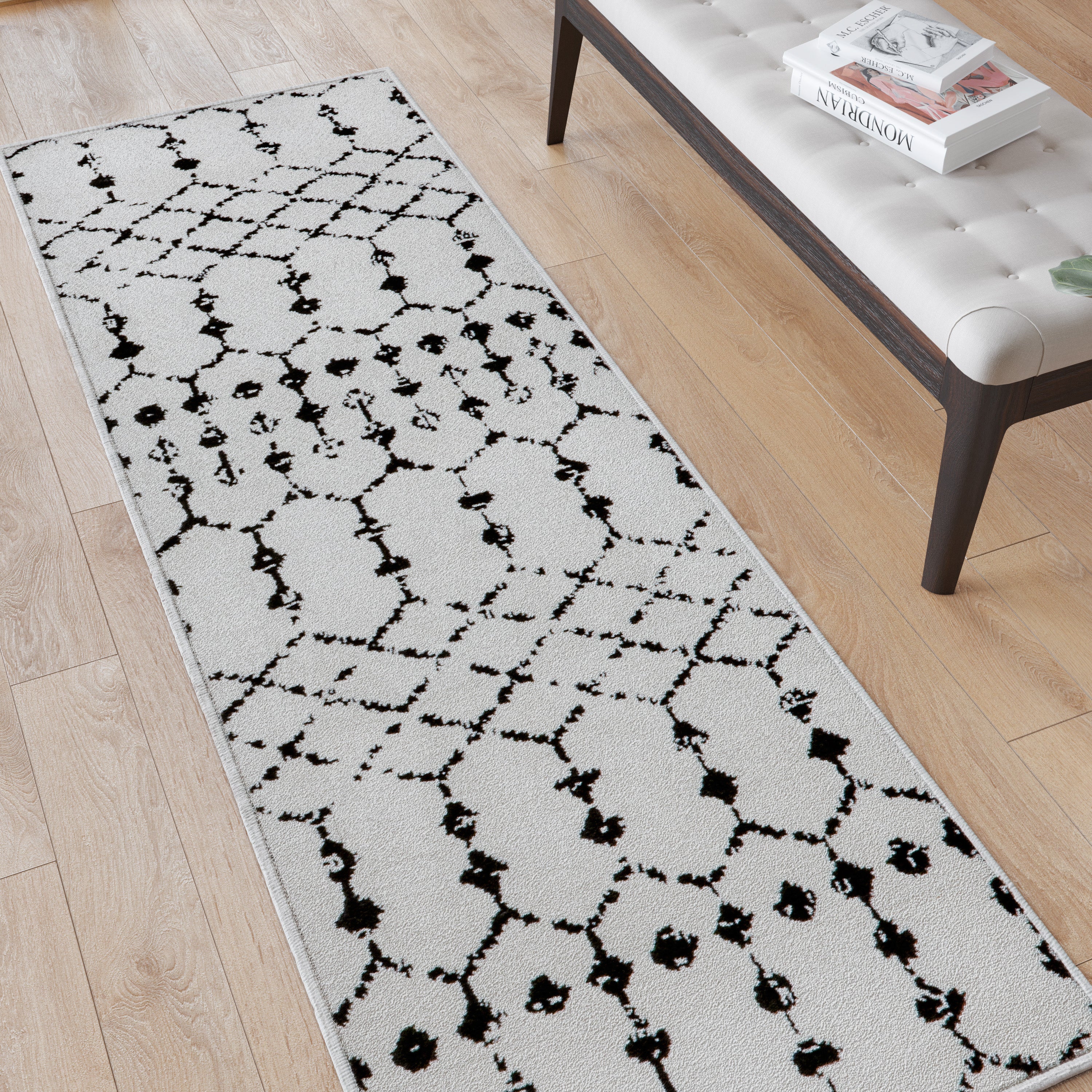 Beth Geometric Bohemian Low Pile Rug - 2'x6' - Ivory/Black