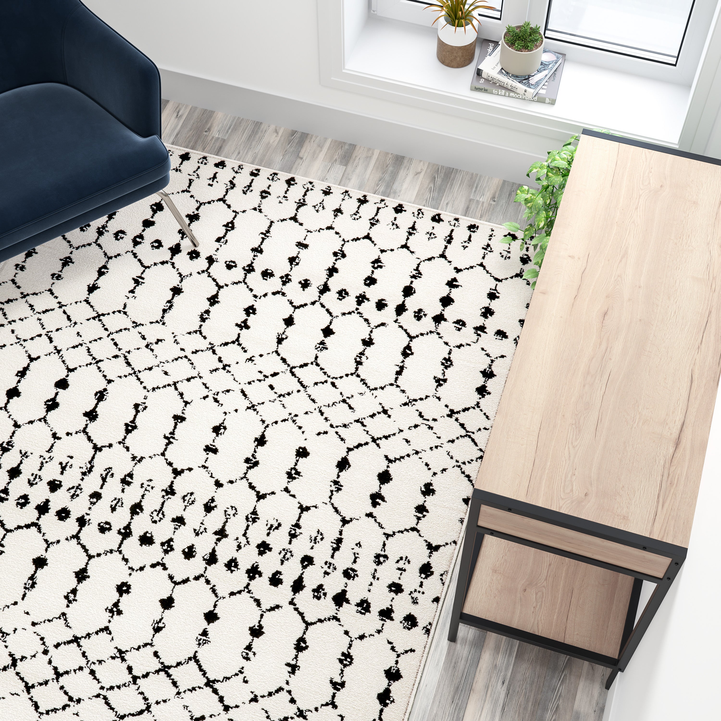 Beth Geometric Bohemian Low Pile Rug - 5' x 7' - Ivory/Black